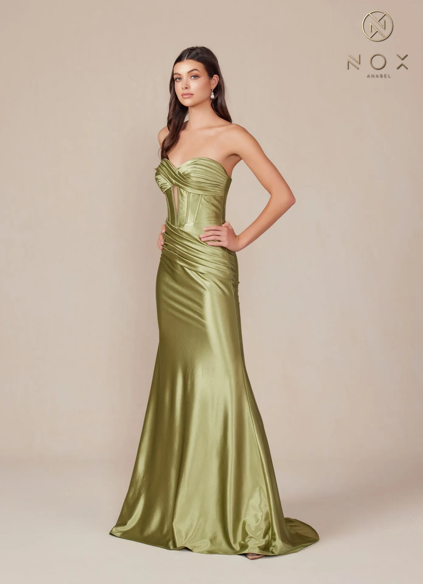 N T1500 - Strapless Stretch Satin Fit & Flare Prom Gown with Boned Bodice & Lace-Up Back