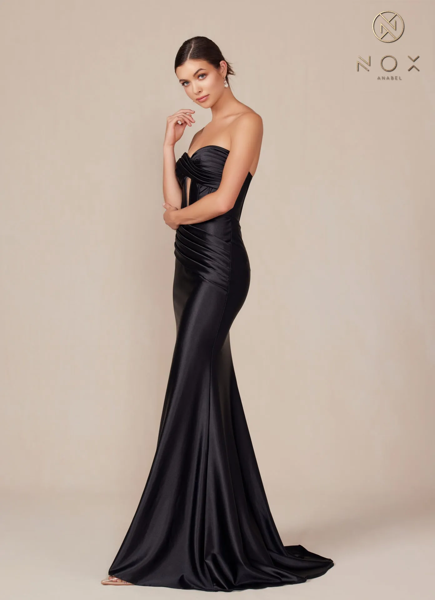 N T1500 - Strapless Stretch Satin Fit & Flare Prom Gown with Boned Bodice & Lace-Up Back