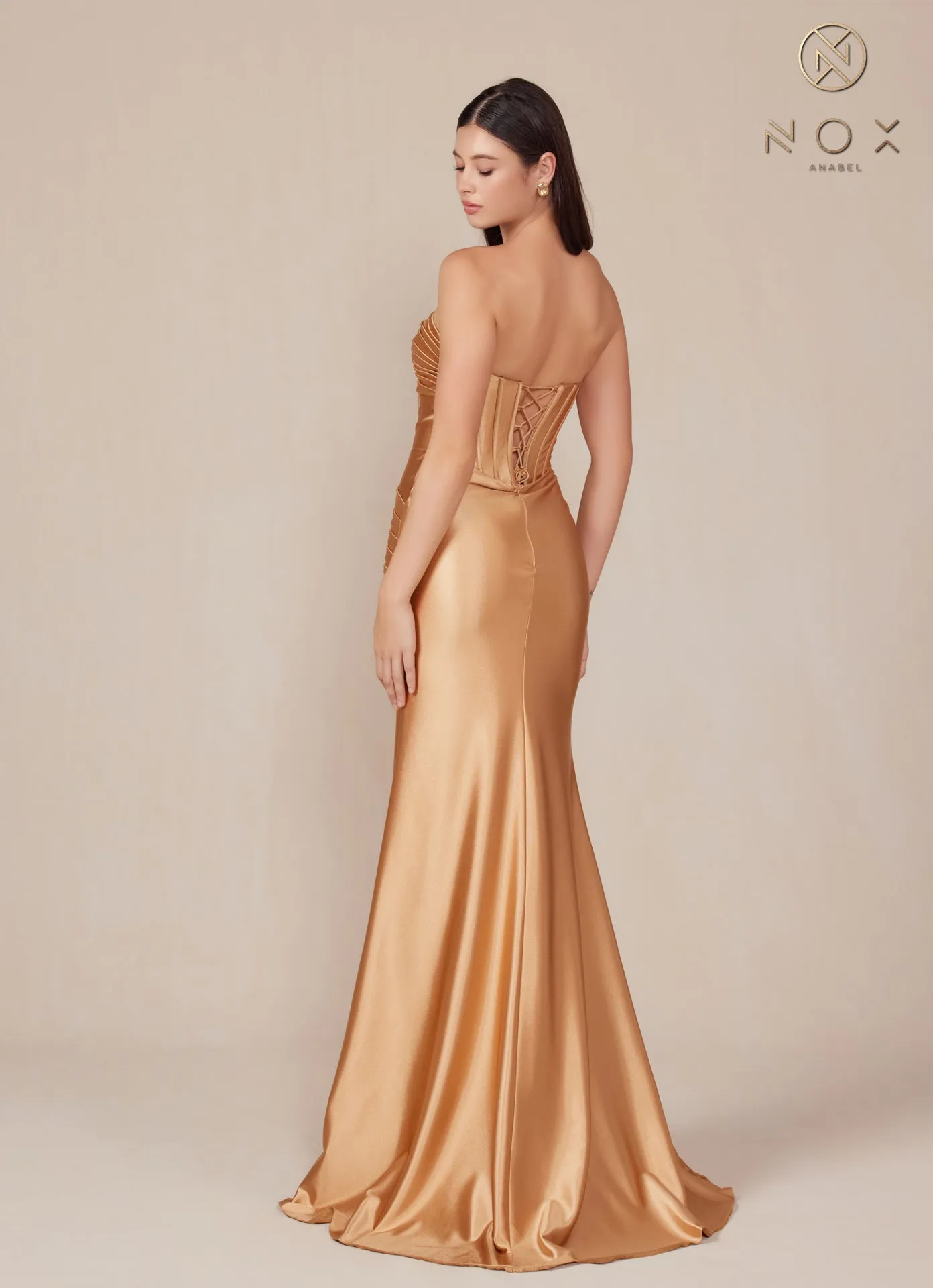 N T1500 - Strapless Stretch Satin Fit & Flare Prom Gown with Boned Bodice & Lace-Up Back