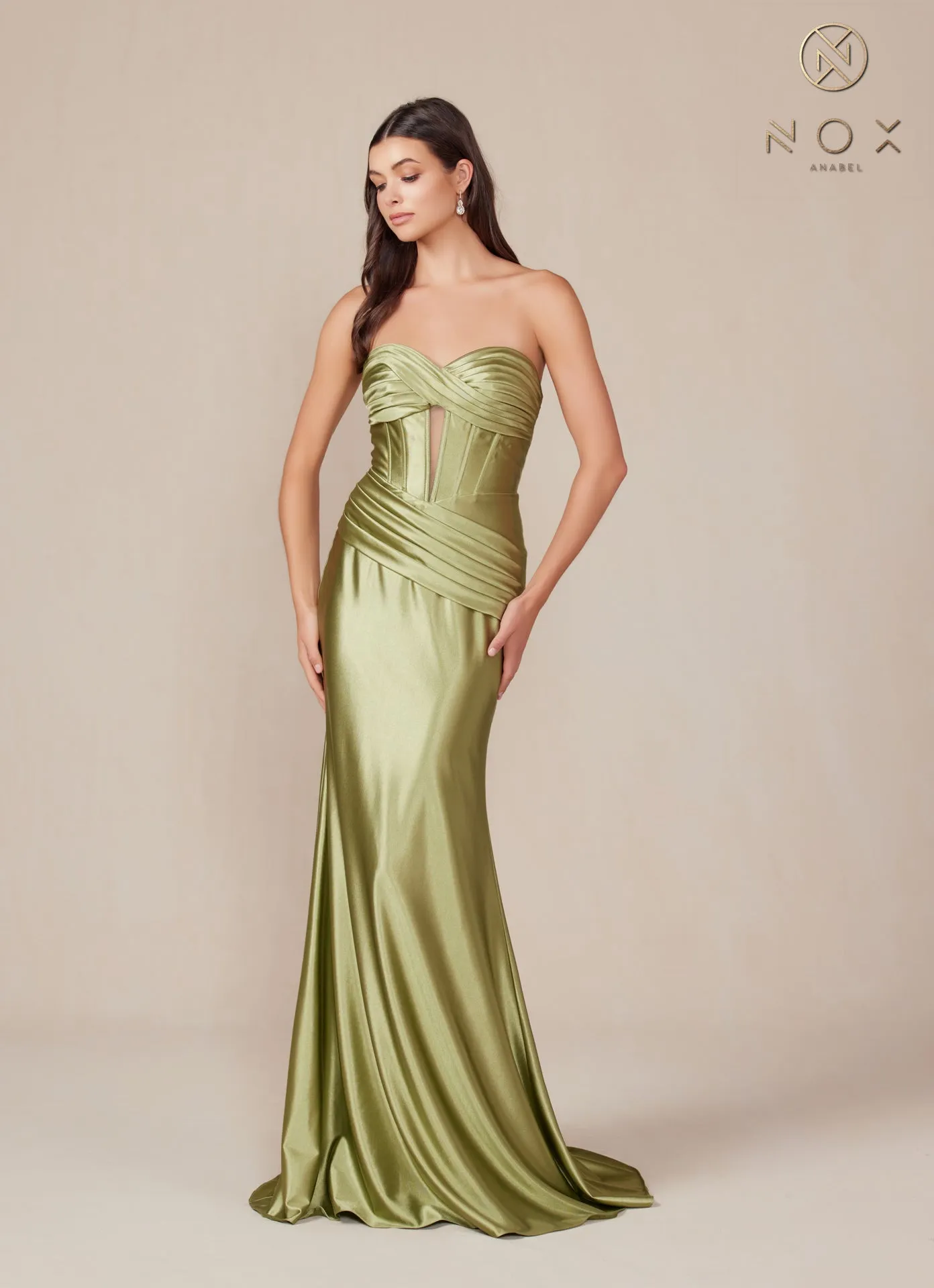 N T1500 - Strapless Stretch Satin Fit & Flare Prom Gown with Boned Bodice & Lace-Up Back