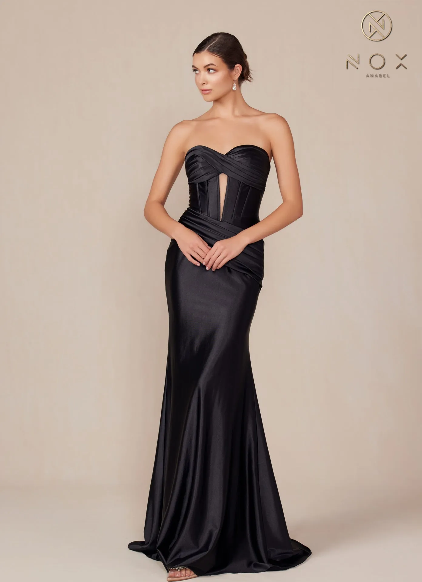 N T1500 - Strapless Stretch Satin Fit & Flare Prom Gown with Boned Bodice & Lace-Up Back