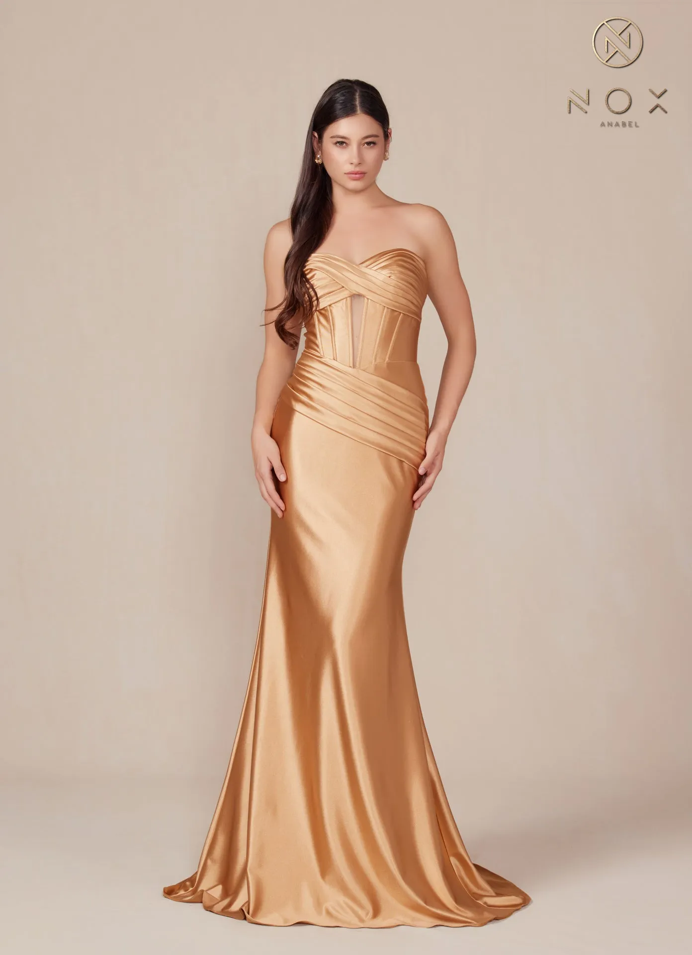 N T1500 - Strapless Stretch Satin Fit & Flare Prom Gown with Boned Bodice & Lace-Up Back