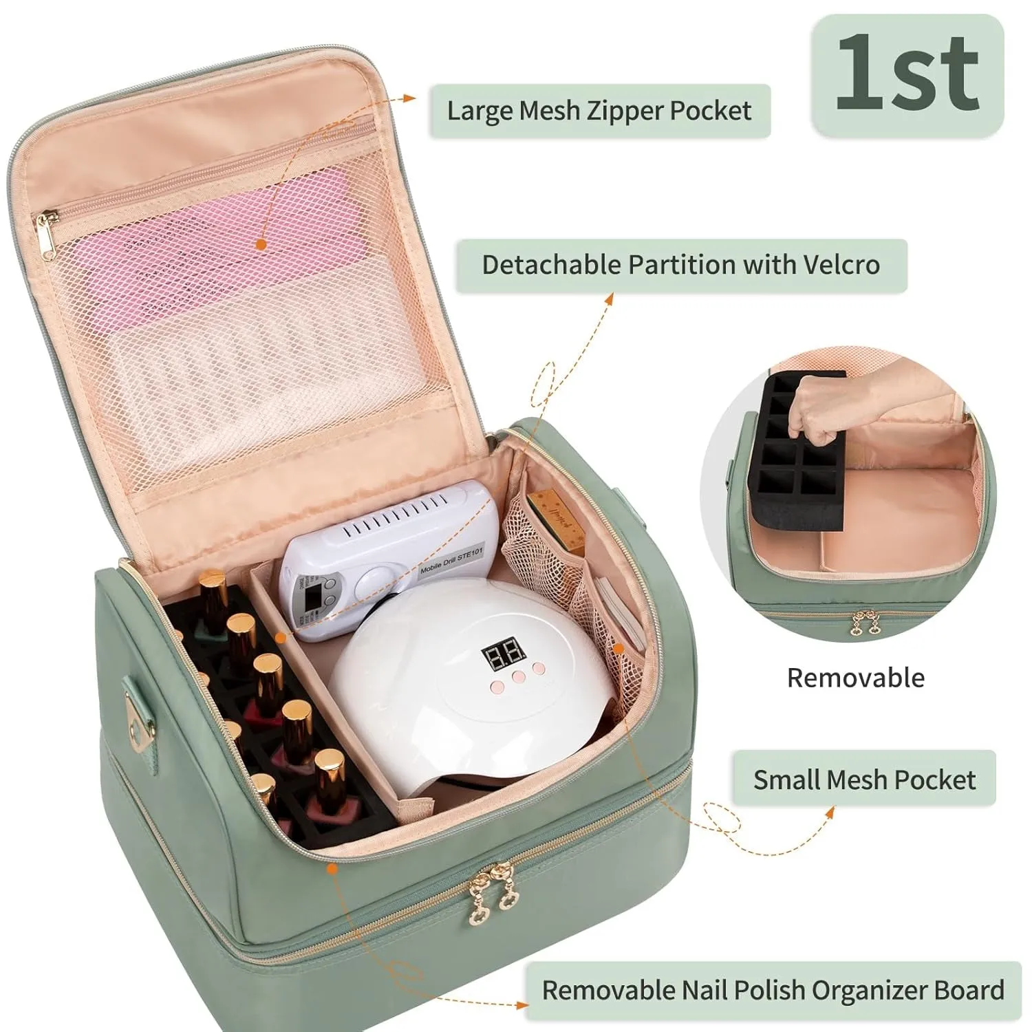 Nail Polish Organizer Case, Nail Supplies Storage Box Holds 45 Bottles Nail Polish & Nail Lamp, Travel Nail Tech Carrying Case, Nail Kit Bag for Nail Stuff & Manicure Tools