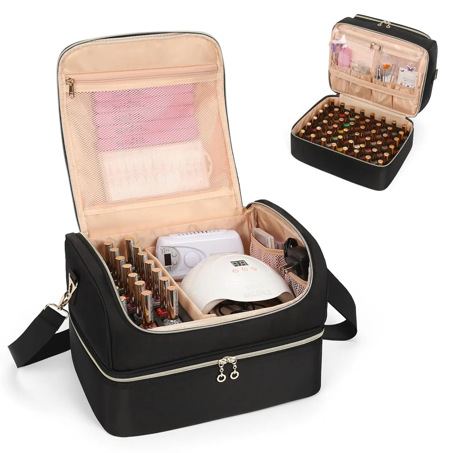 Nail Polish Organizer Case, Nail Supplies Storage Box Holds 45 Bottles Nail Polish & Nail Lamp, Travel Nail Tech Carrying Case, Nail Kit Bag for Nail Stuff & Manicure Tools