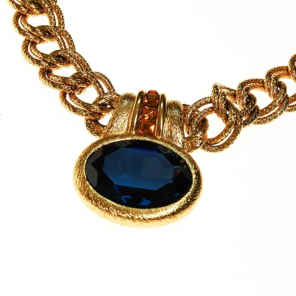 Napier Mogul Style Statement Necklace Gold with Sapphire Blue Swarovski Rhinestone and Citrine Crystal Accents
