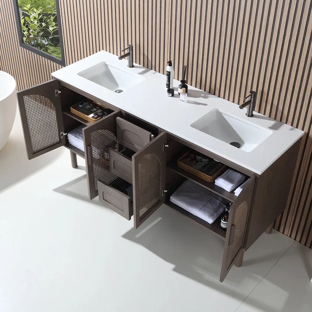 Nara 4 Doors And 3 Drawers Bathroom Vanity with Quartz Countertop - Floor Mount - 72" Wood/Chestnut Oak