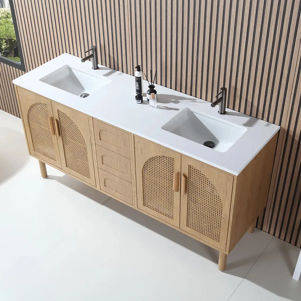 Nara 4 Doors And 3 Drawers Bathroom Vanity with Quartz Countertop - Floor Mount - 72" Wood/Pecan Oak