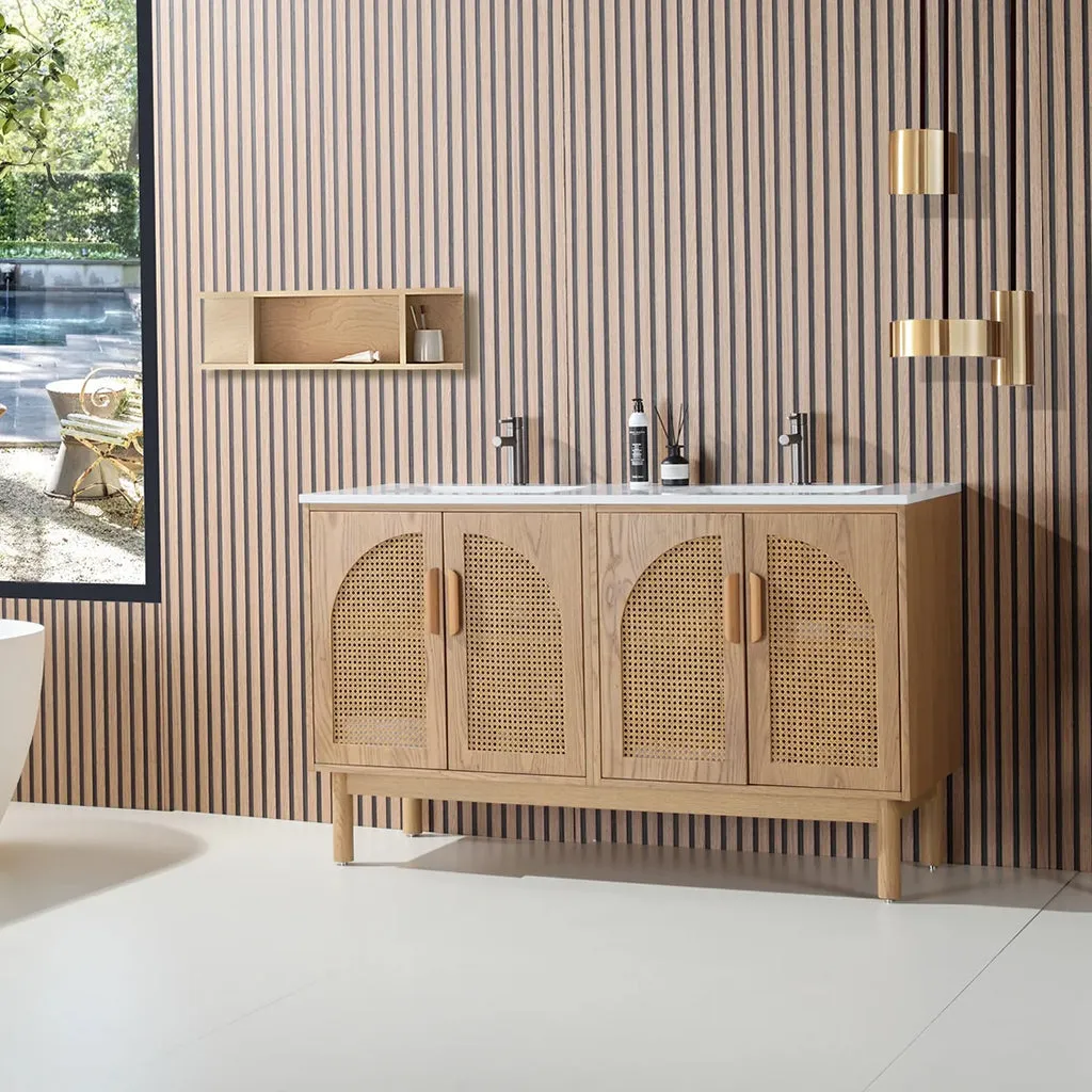 Nara 4 Doors Bathroom Vanity with Quartz Countertop - Floor Mount - 60" Wood/Pecan Oak