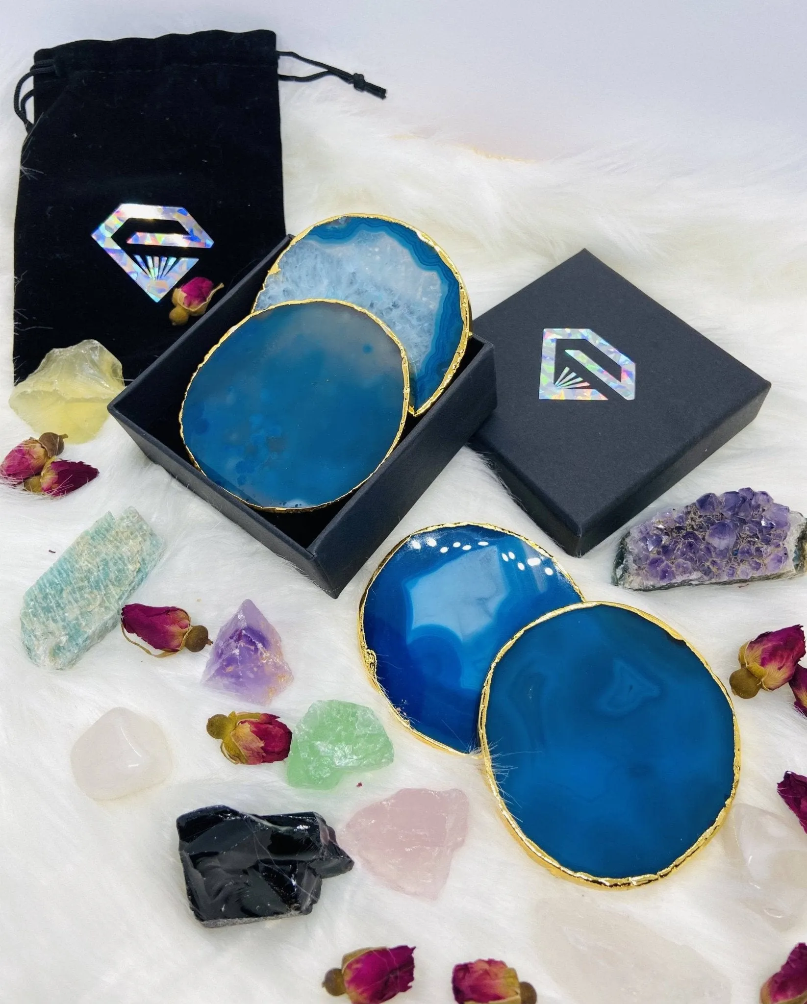 Natural Chalcedony Luxury Agate Round Coasters - Black Diamonds New York