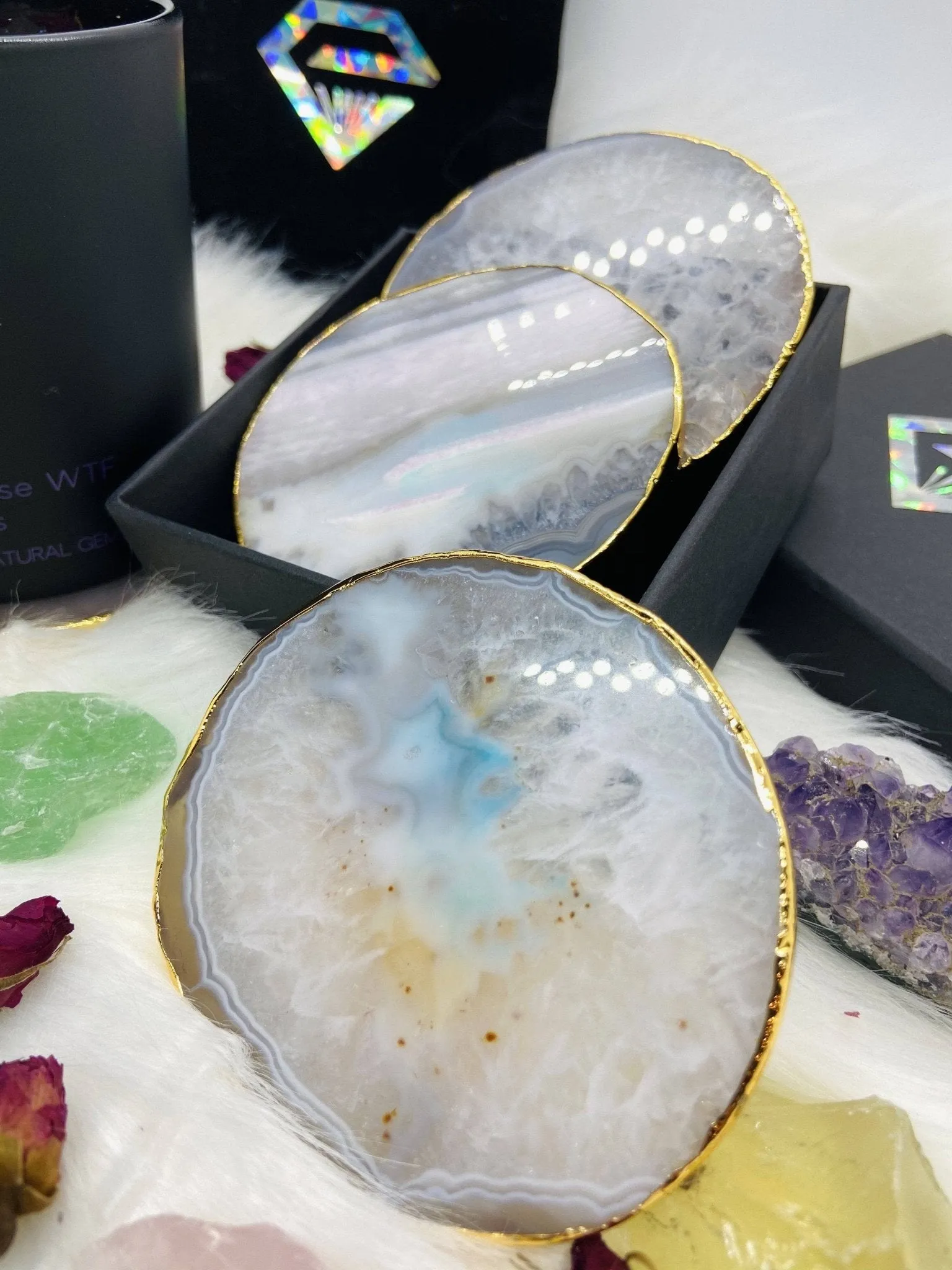 Natural Chalcedony Luxury Agate Round Coasters - Black Diamonds New York