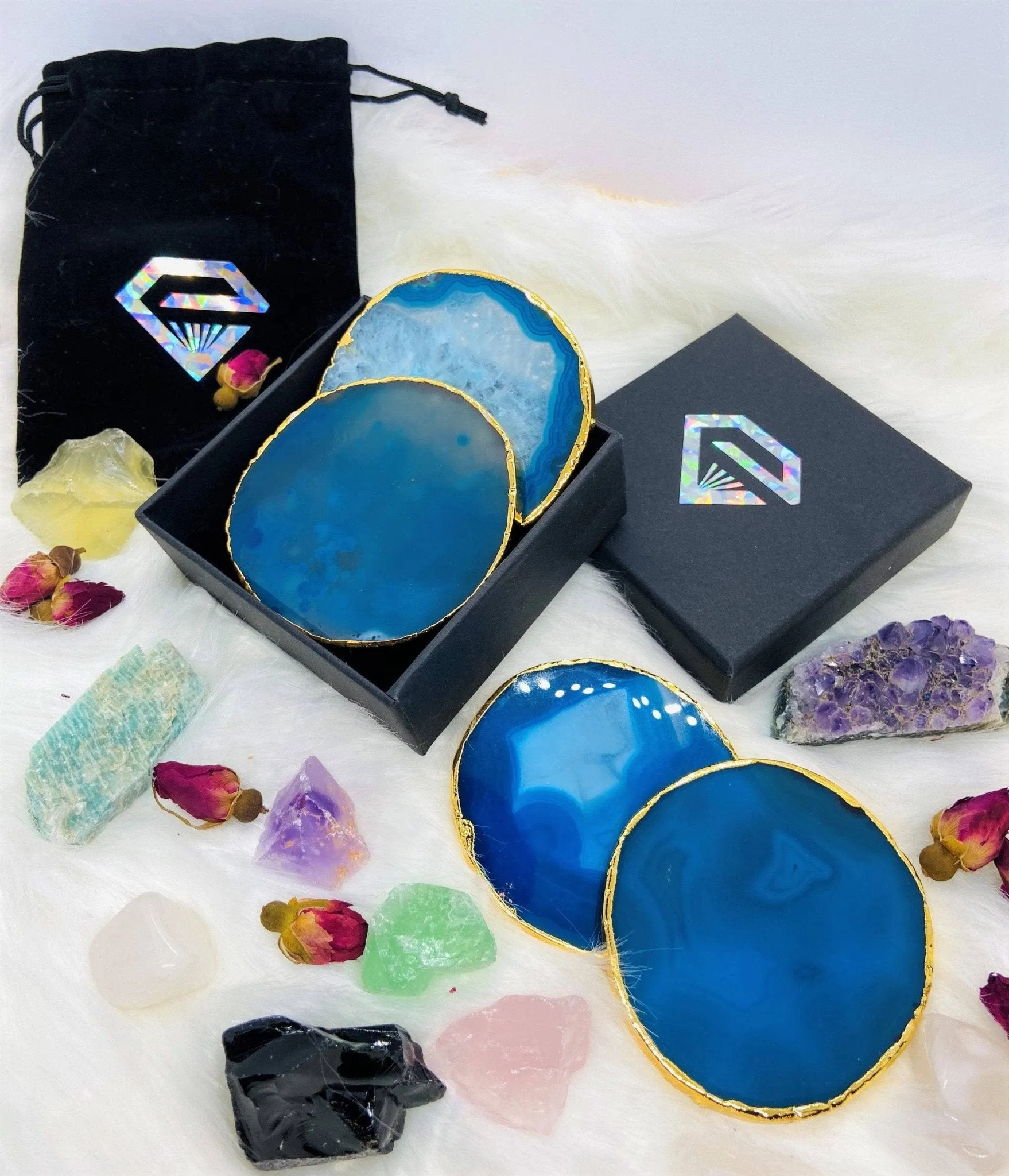Natural Chalcedony Luxury Agate Round Coasters - Black Diamonds New York