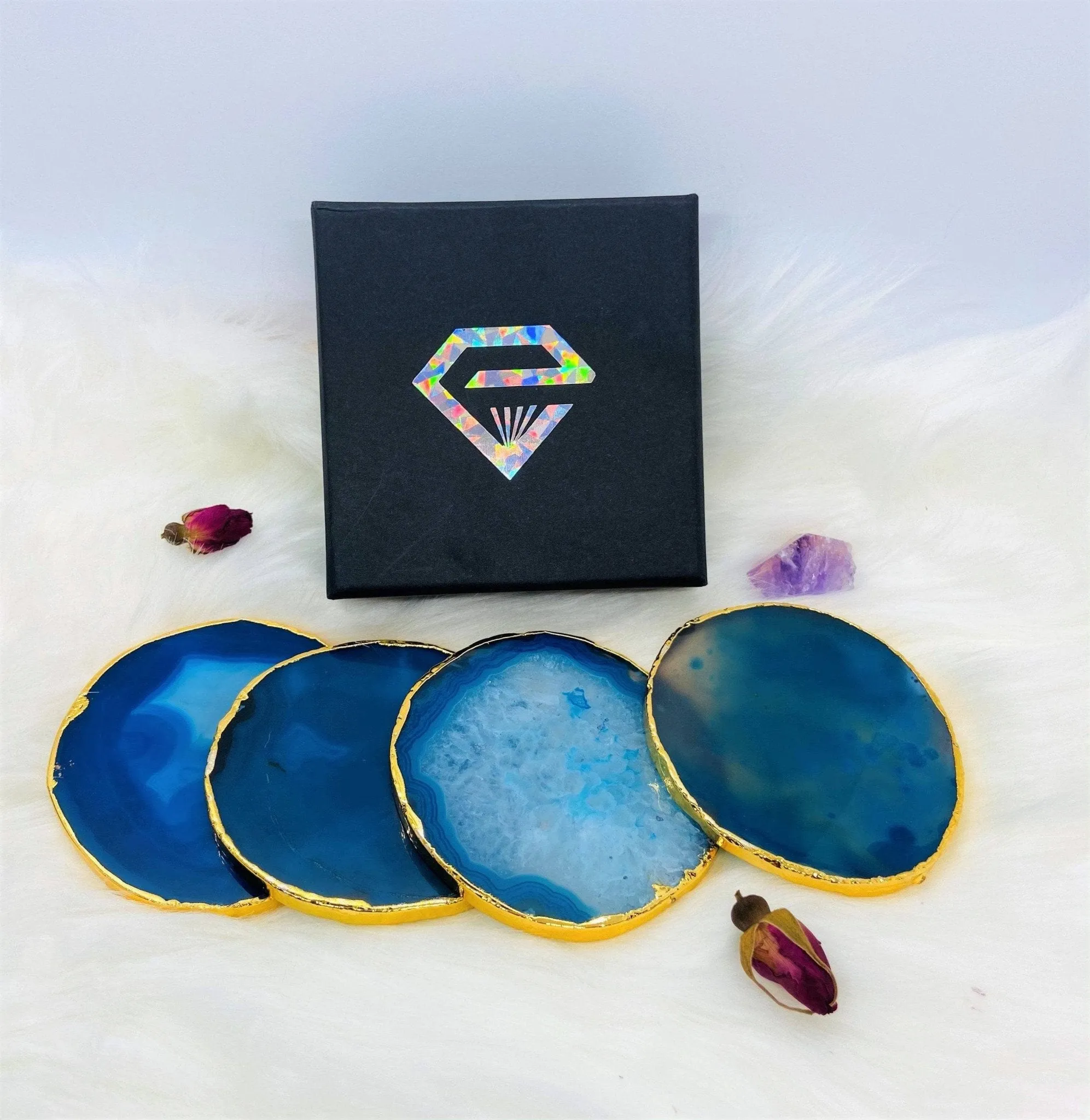 Natural Chalcedony Luxury Agate Round Coasters - Black Diamonds New York