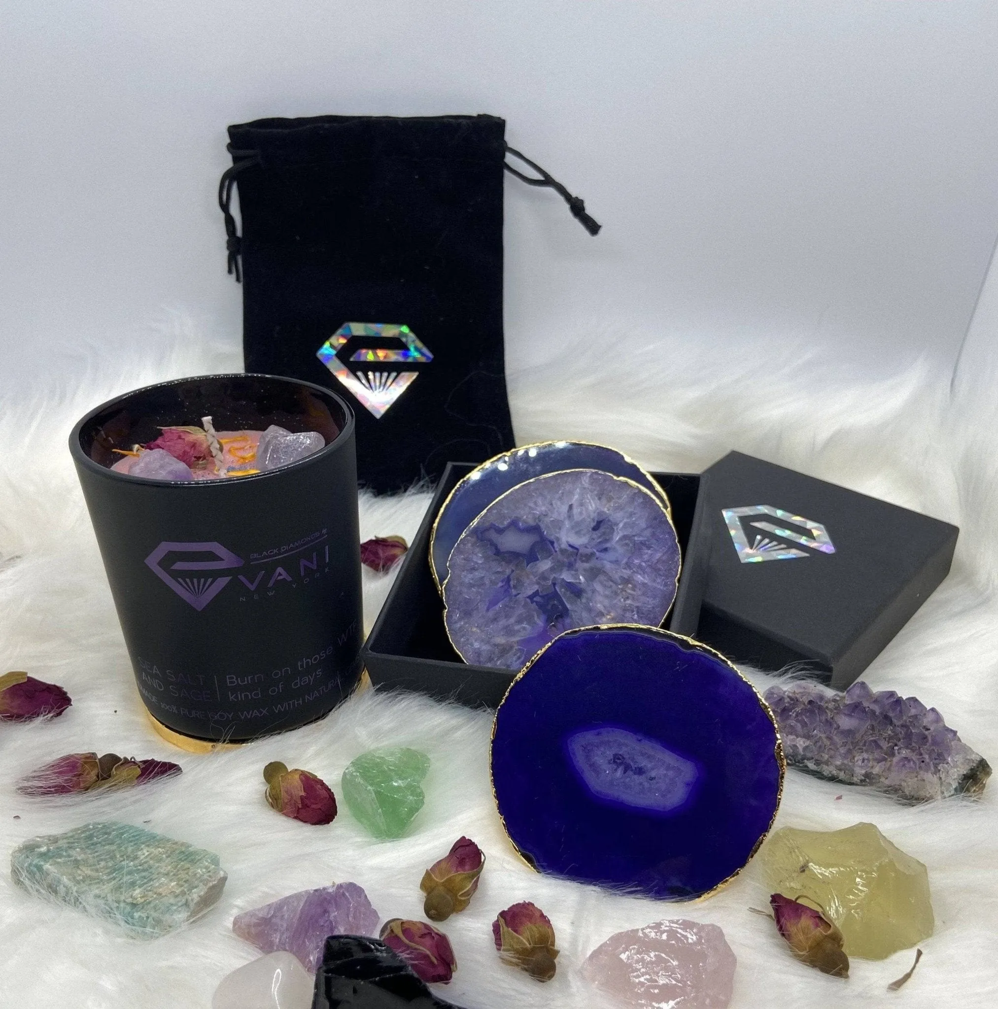 Natural Chalcedony Luxury Agate Round Coasters - Black Diamonds New York