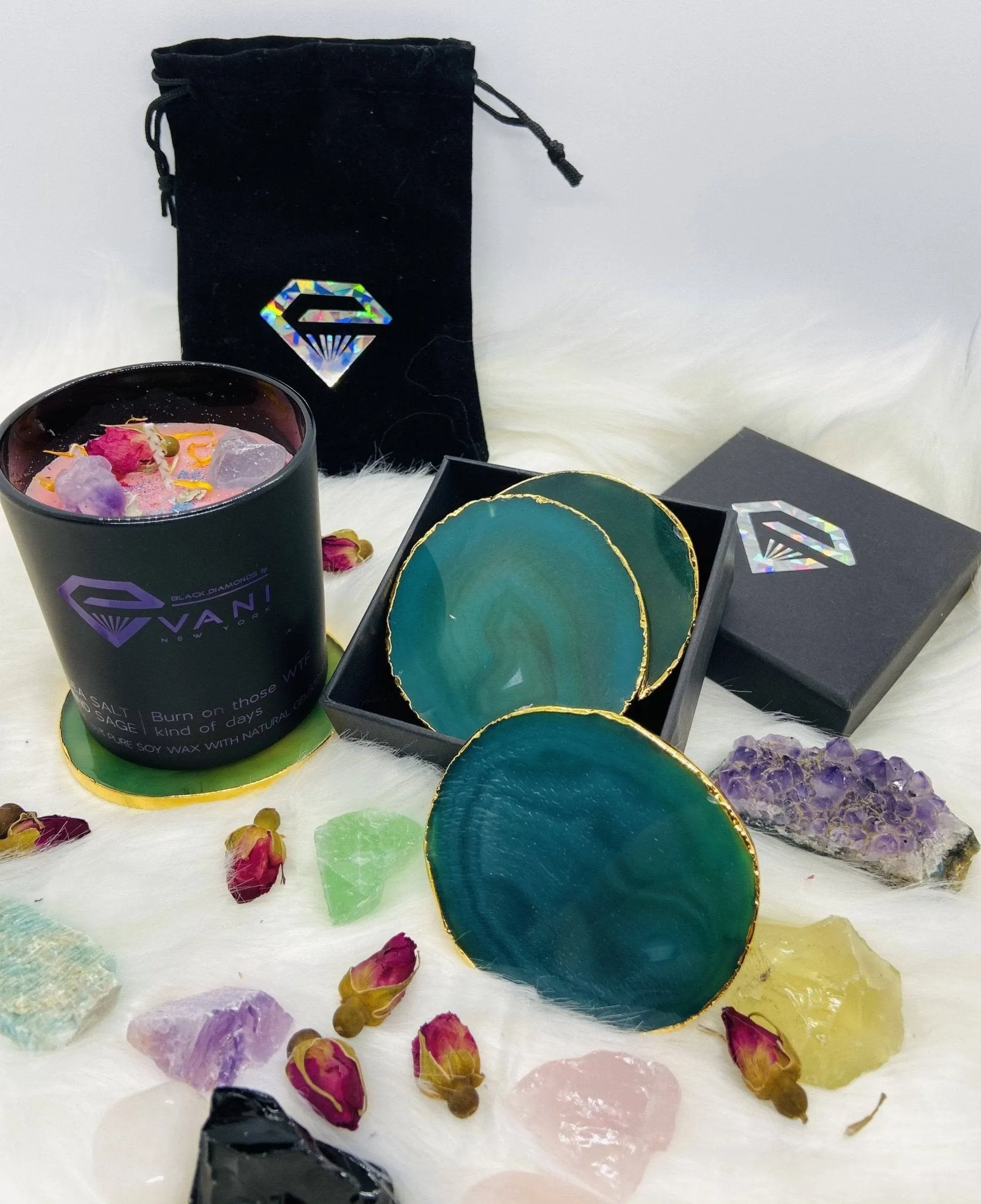 Natural Chalcedony Luxury Agate Round Coasters - Black Diamonds New York