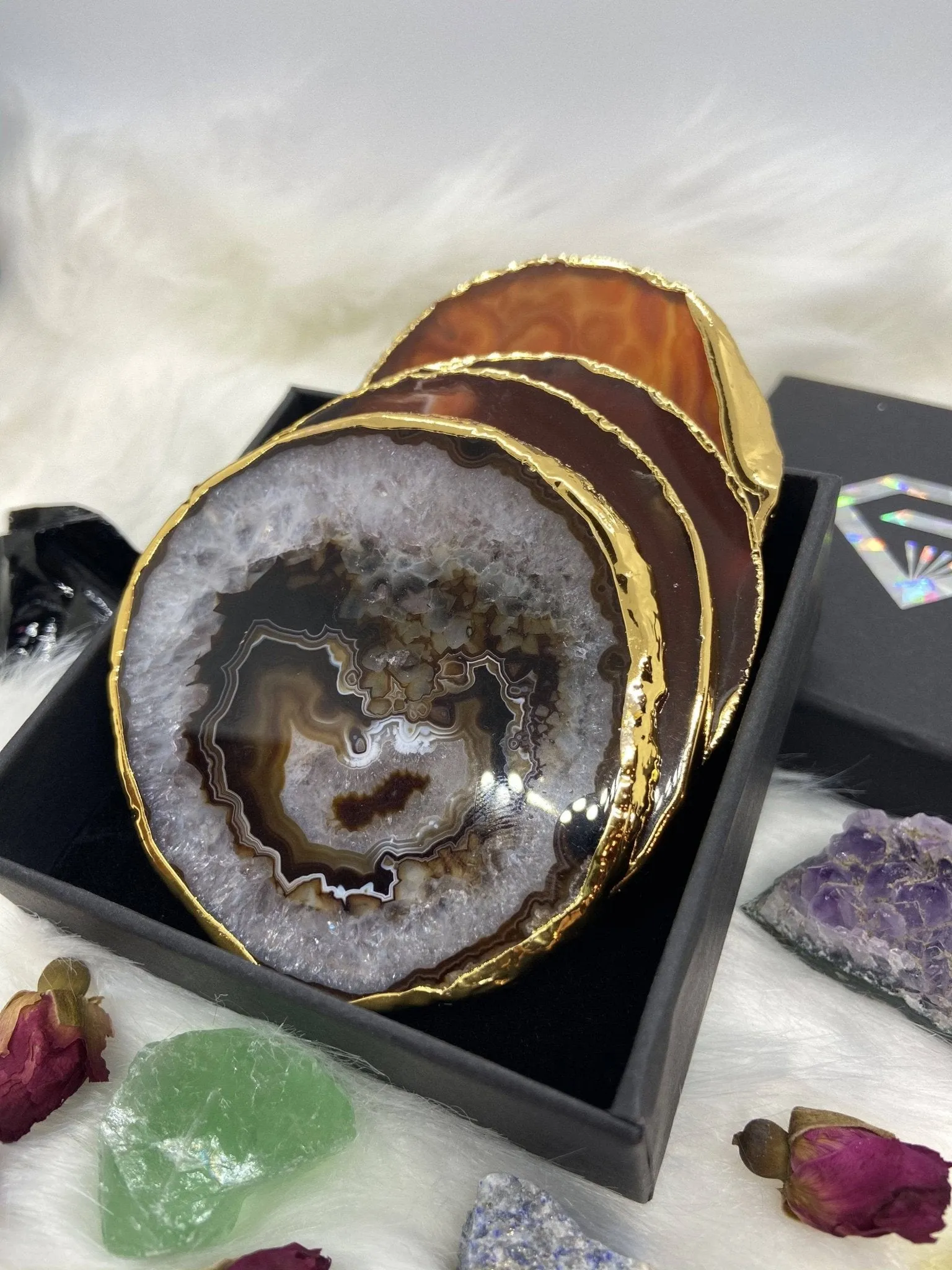 Natural Chalcedony Luxury Agate Round Coasters - Black Diamonds New York