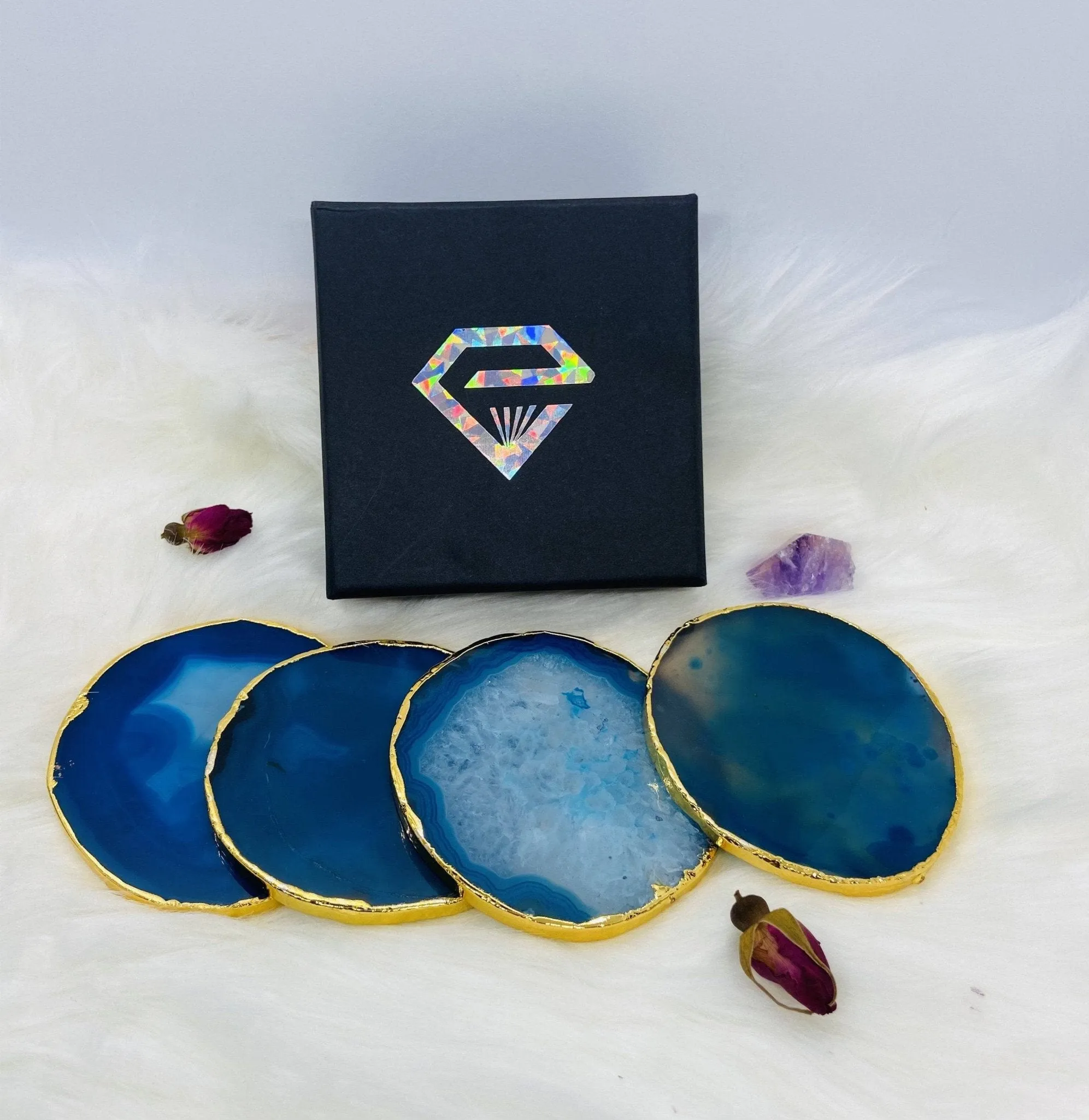 Natural Chalcedony Luxury Agate Round Coasters - Black Diamonds New York