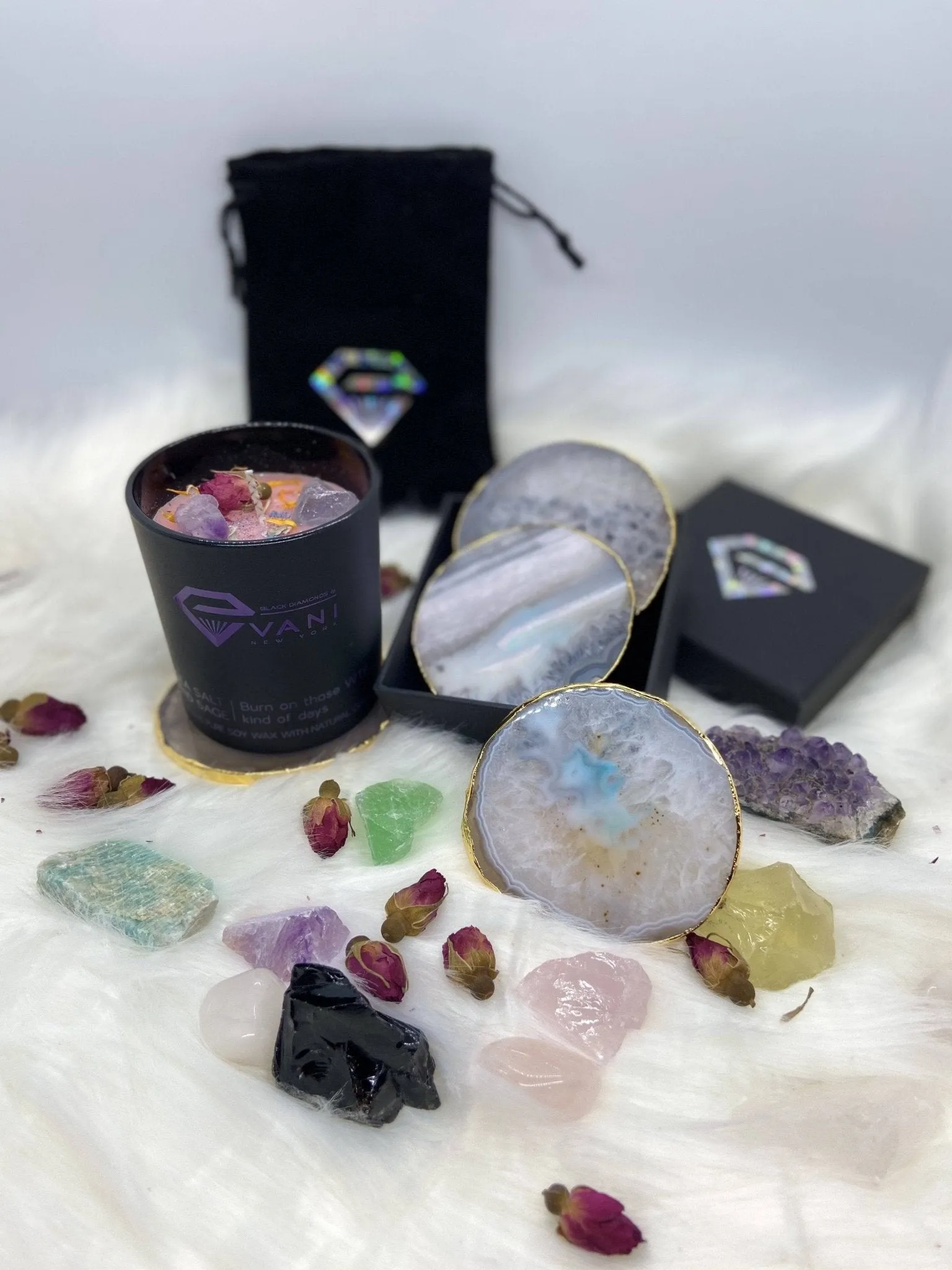 Natural Chalcedony Luxury Agate Round Coasters - Black Diamonds New York
