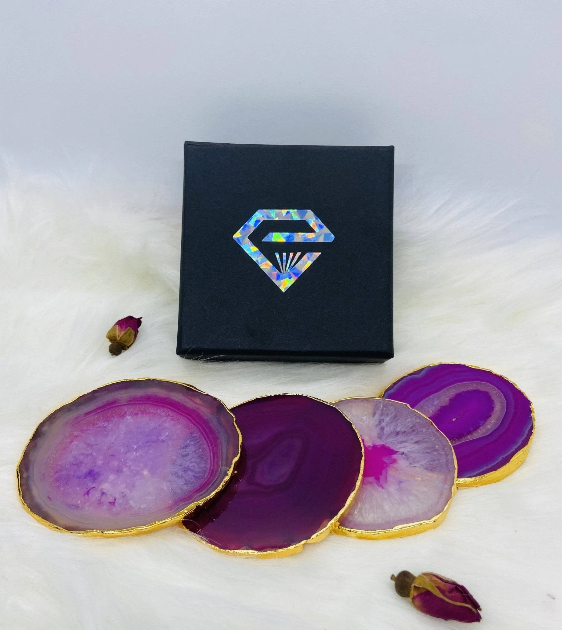 Natural Chalcedony Luxury Agate Round Coasters - Black Diamonds New York