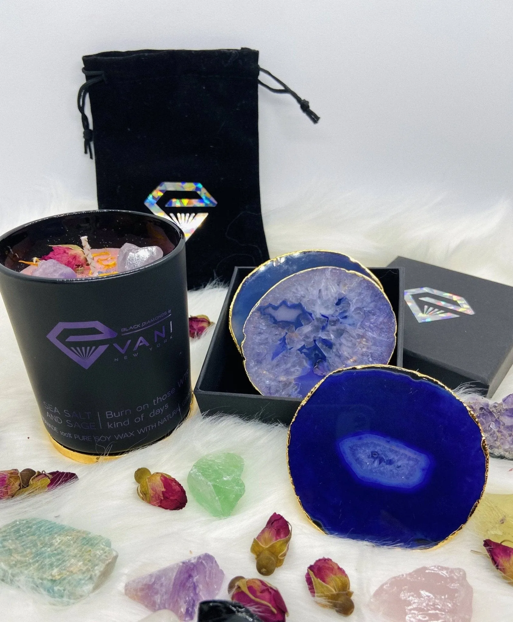 Natural Chalcedony Luxury Agate Round Coasters - Black Diamonds New York