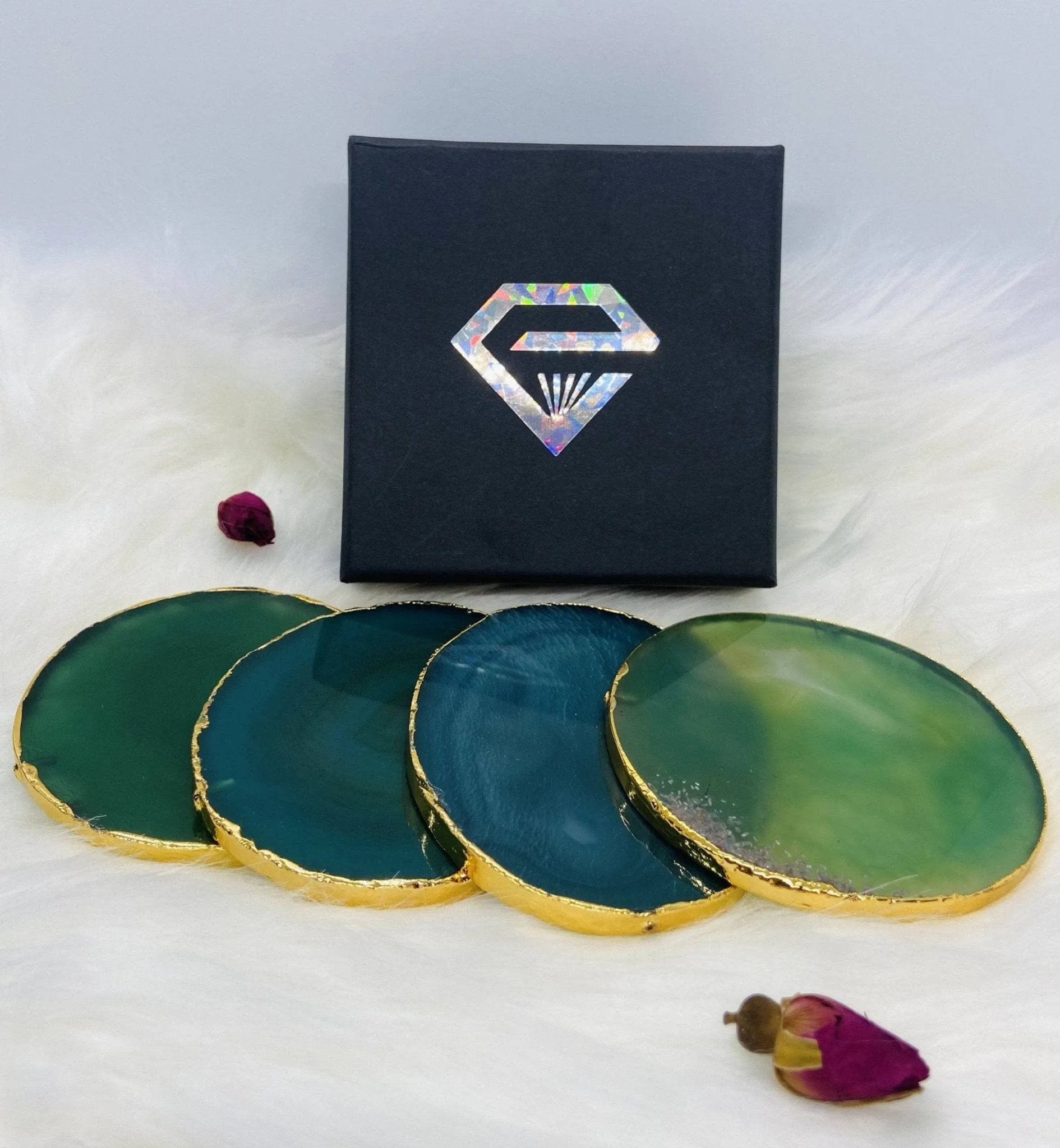 Natural Chalcedony Luxury Agate Round Coasters - Black Diamonds New York