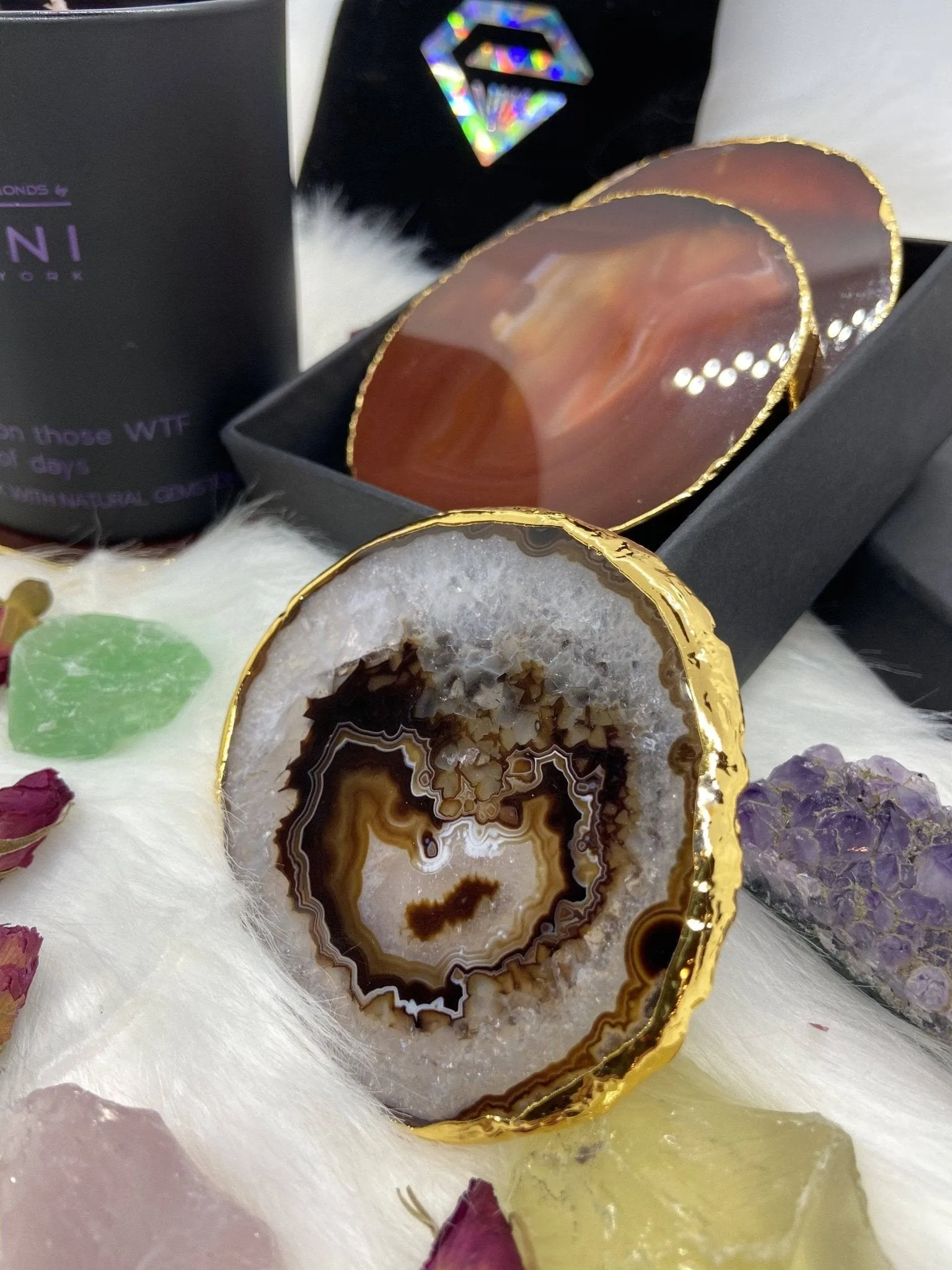 Natural Chalcedony Luxury Agate Round Coasters - Black Diamonds New York