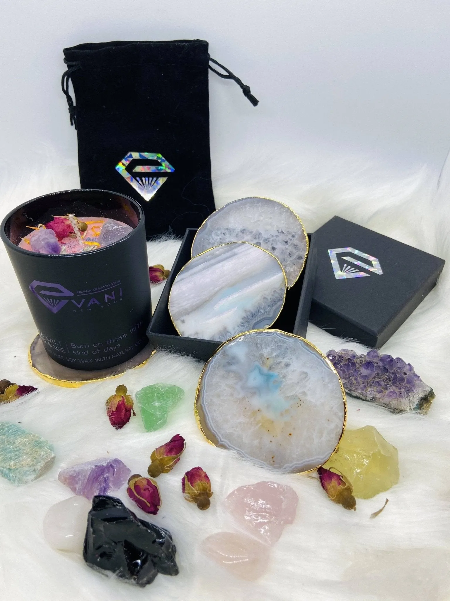 Natural Chalcedony Luxury Agate Round Coasters - Black Diamonds New York