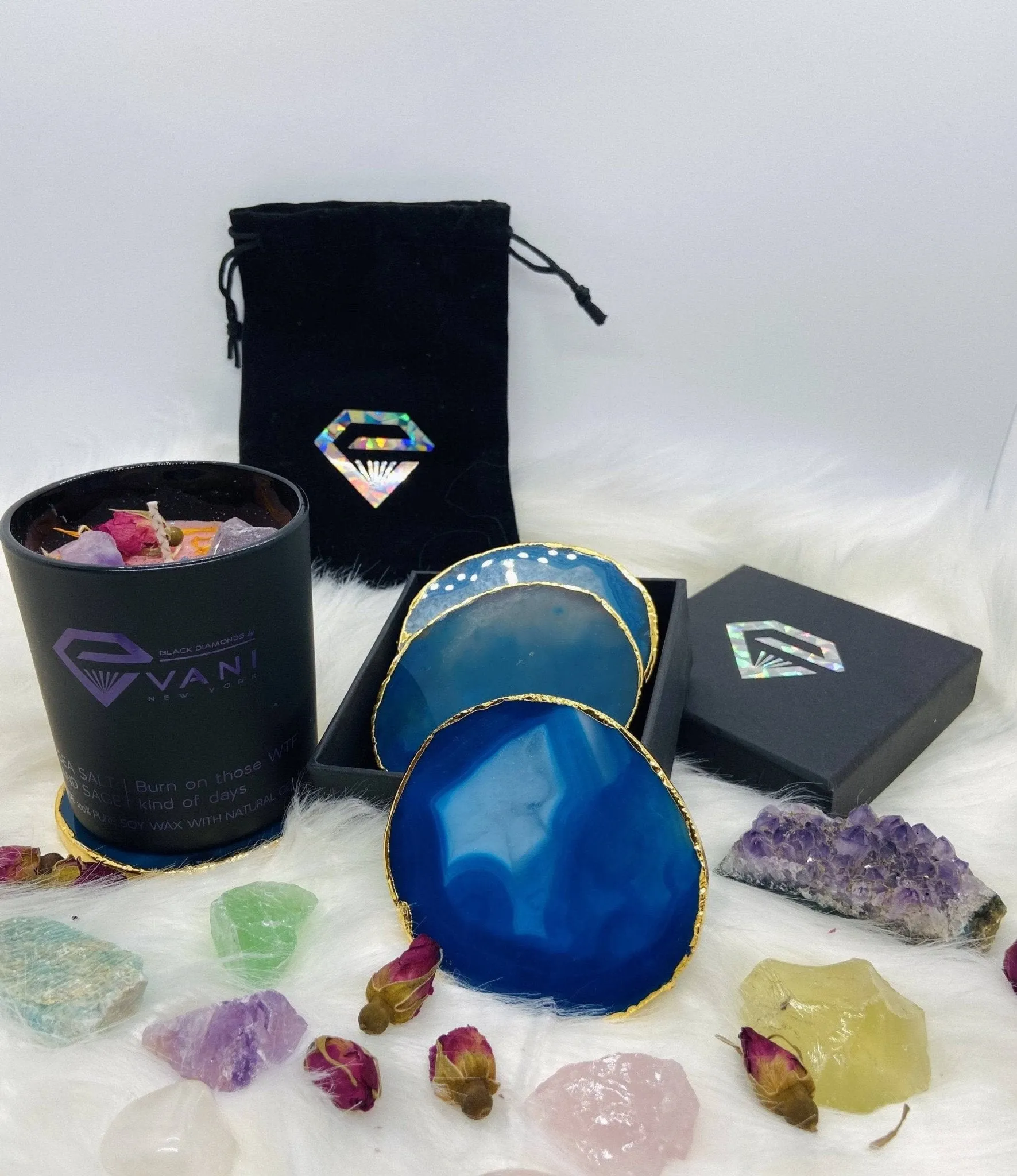 Natural Chalcedony Luxury Agate Round Coasters - Black Diamonds New York