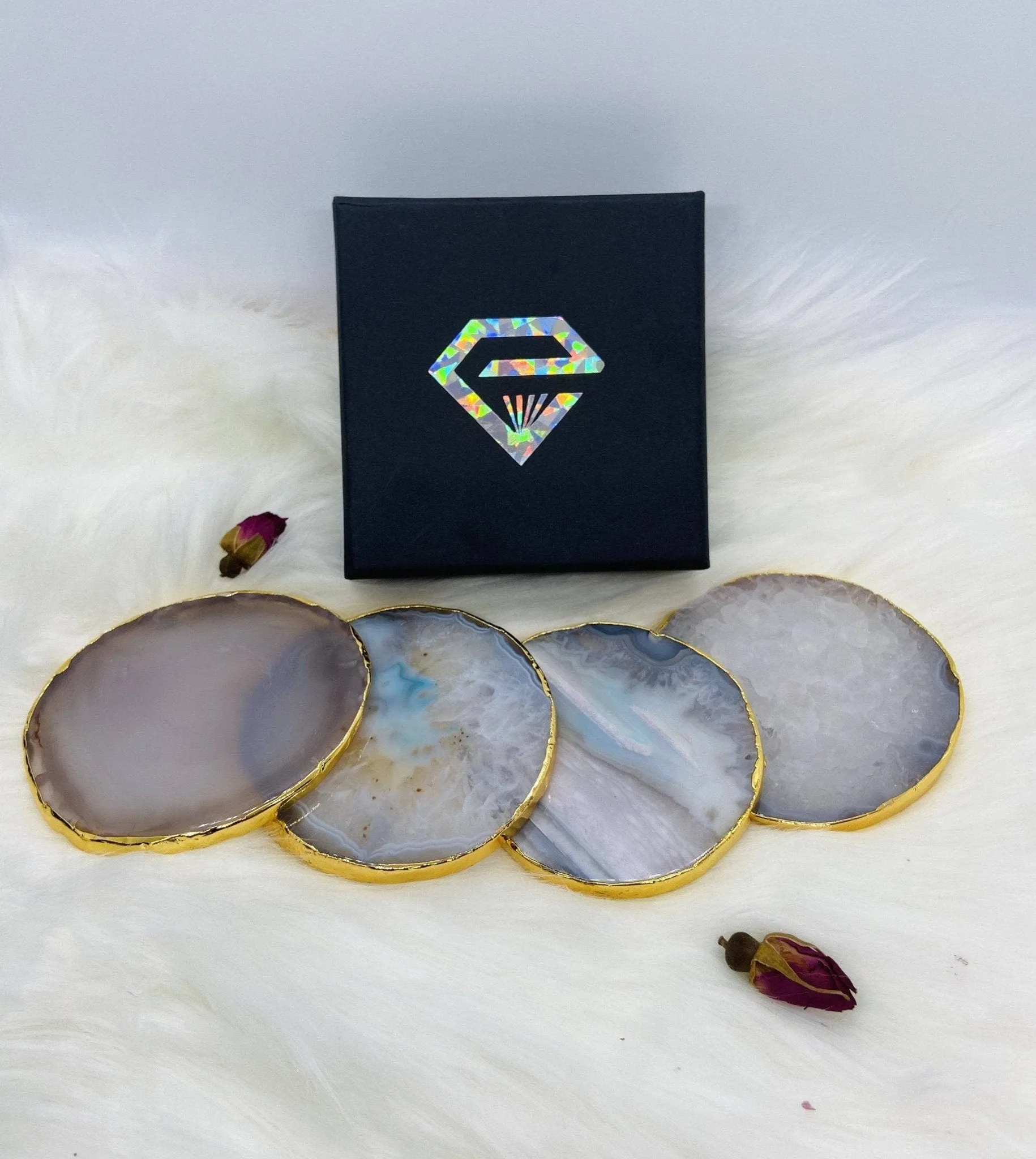 Natural Chalcedony Luxury Agate Round Coasters - Black Diamonds New York