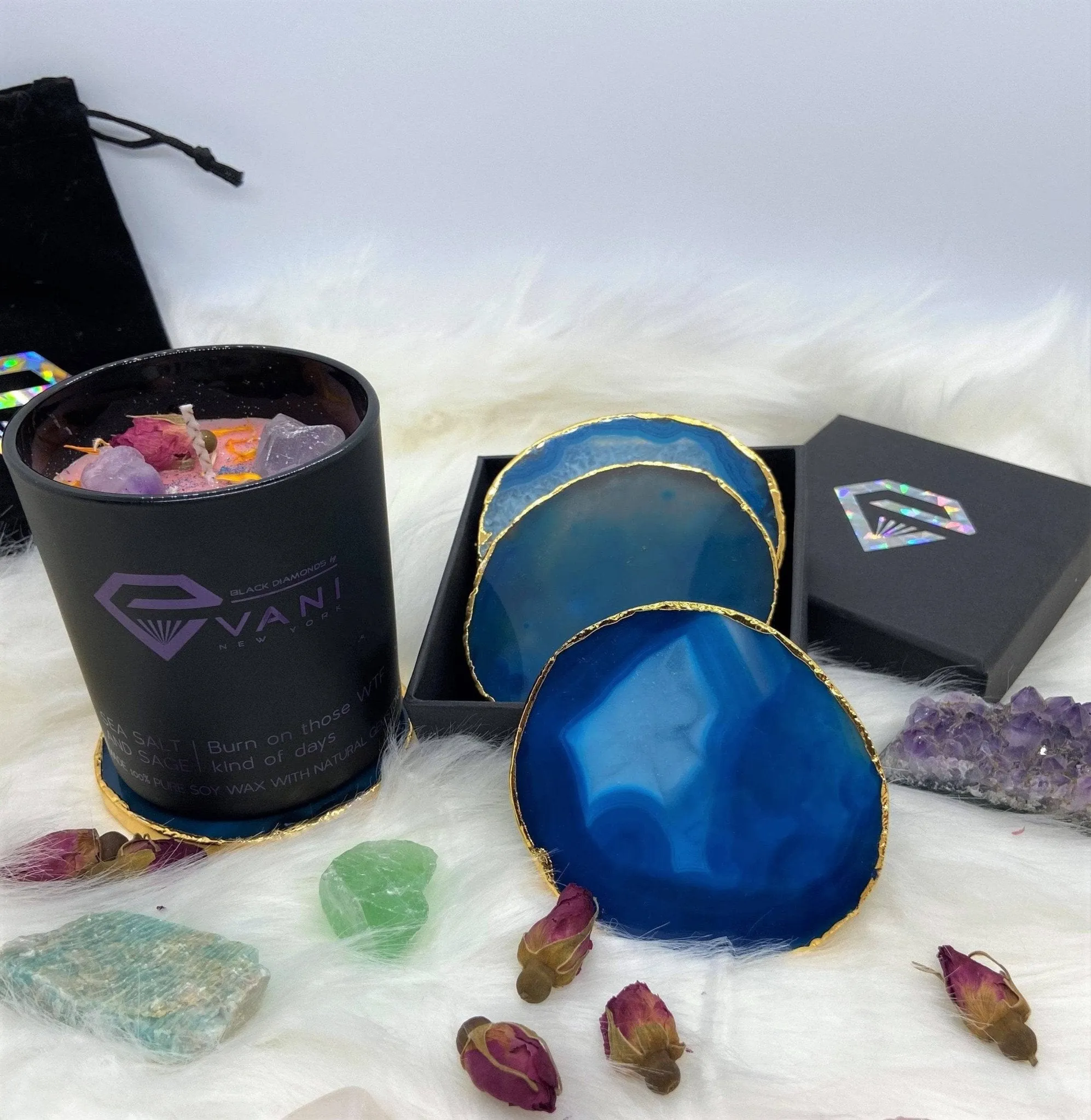 Natural Chalcedony Luxury Agate Round Coasters - Black Diamonds New York