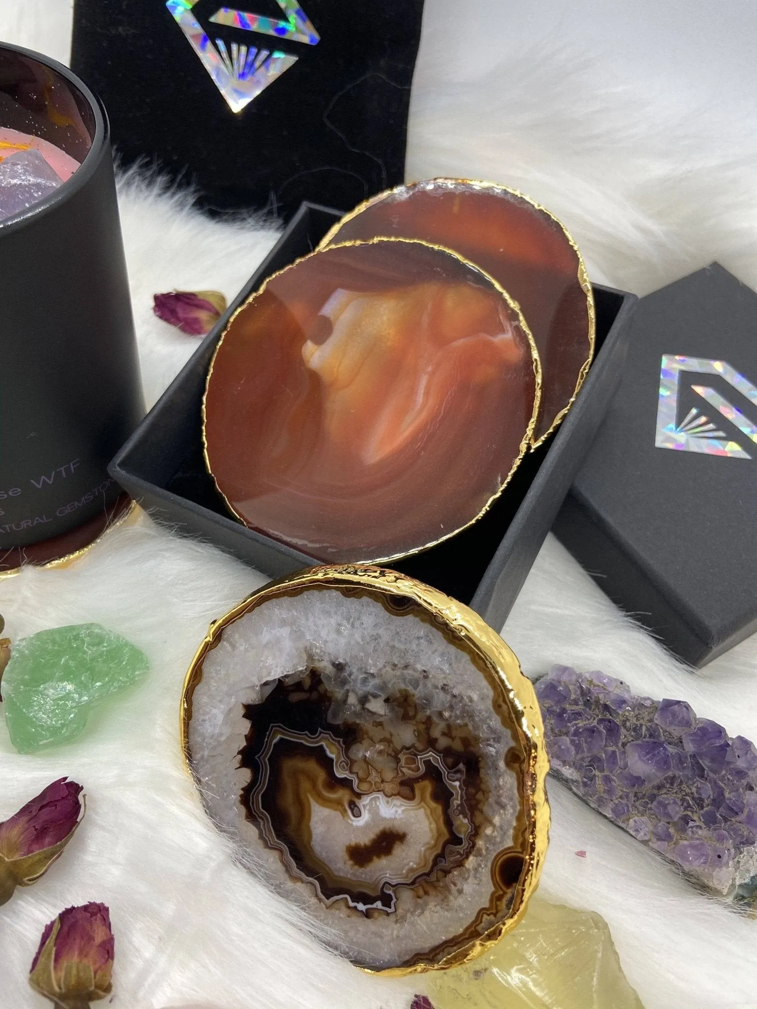 Natural Chalcedony Luxury Agate Round Coasters - Black Diamonds New York