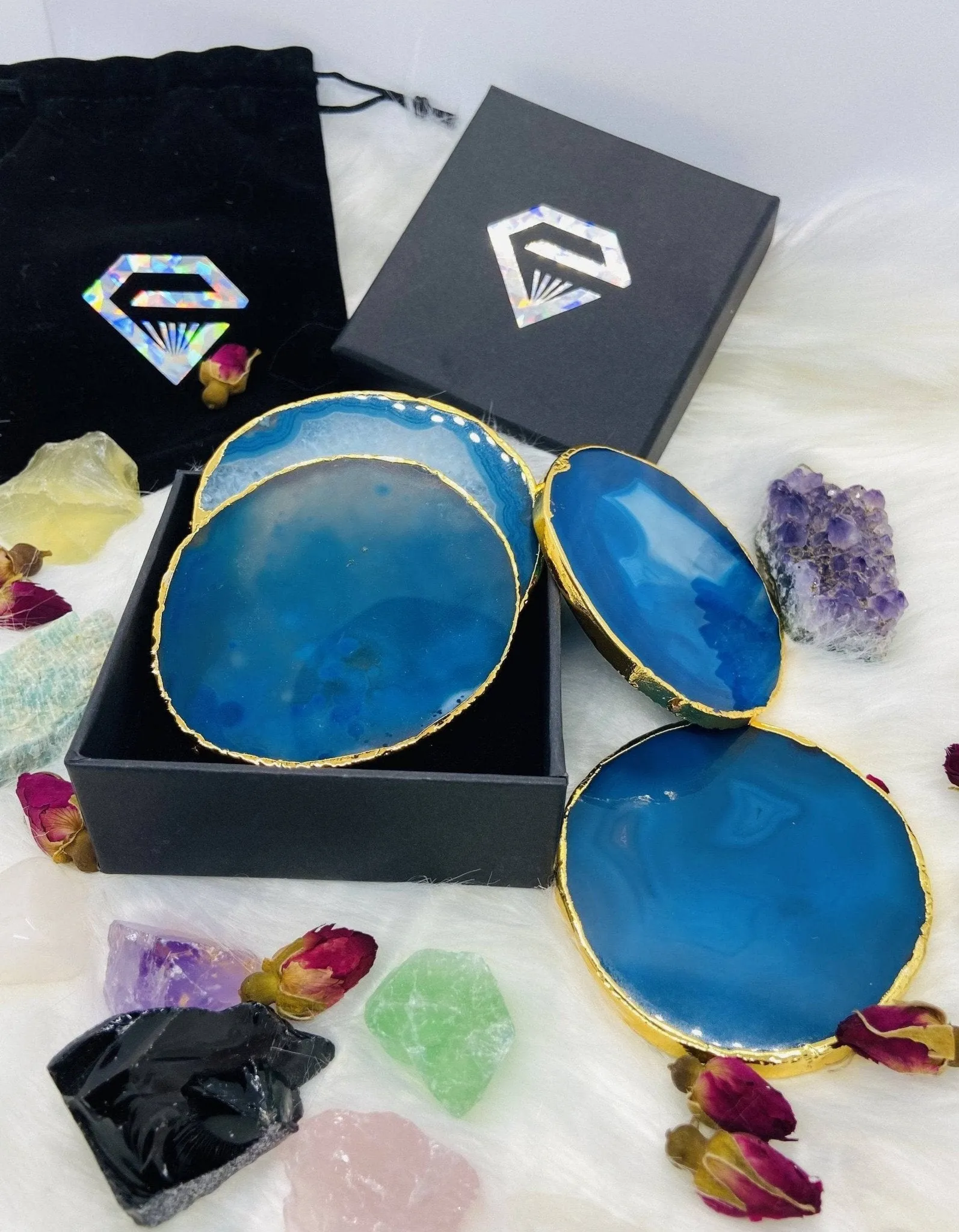 Natural Chalcedony Luxury Agate Round Coasters - Black Diamonds New York