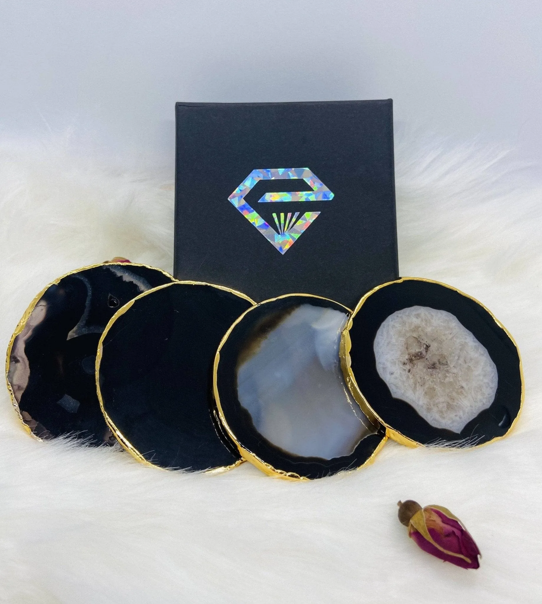 Natural Chalcedony Luxury Agate Round Coasters - Black Diamonds New York