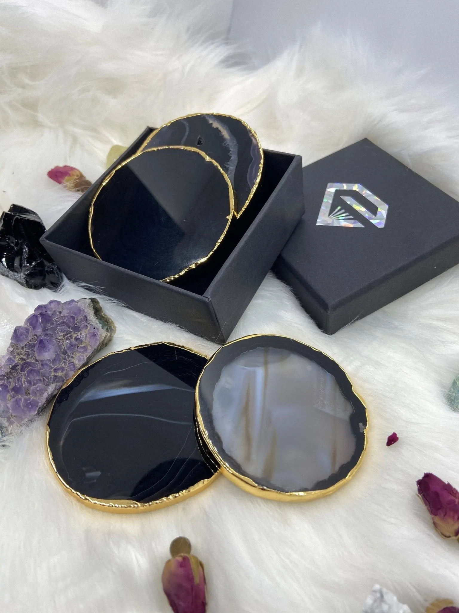 Natural Chalcedony Luxury Agate Round Coasters - Black Diamonds New York