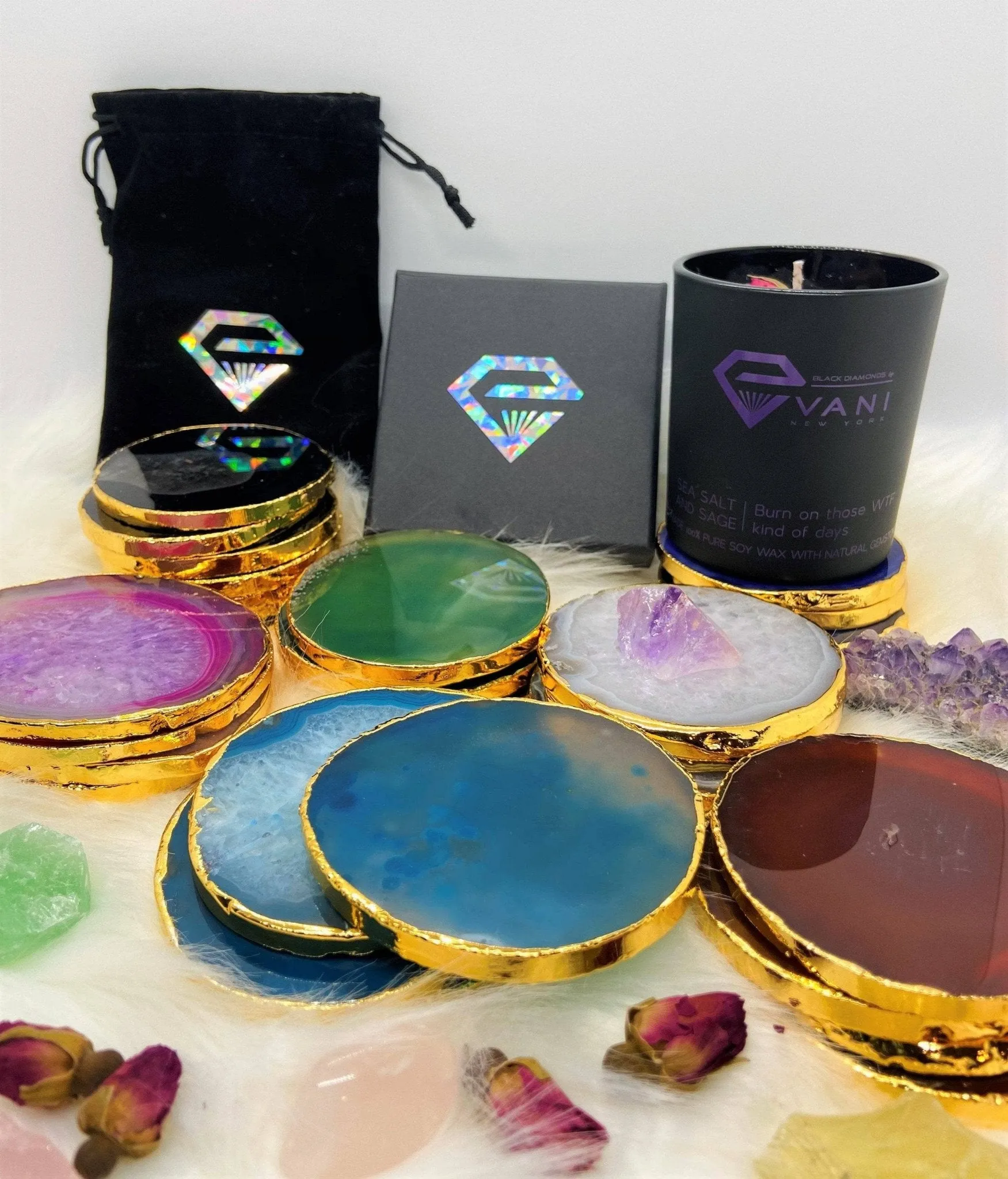 Natural Chalcedony Luxury Agate Round Coasters - Black Diamonds New York