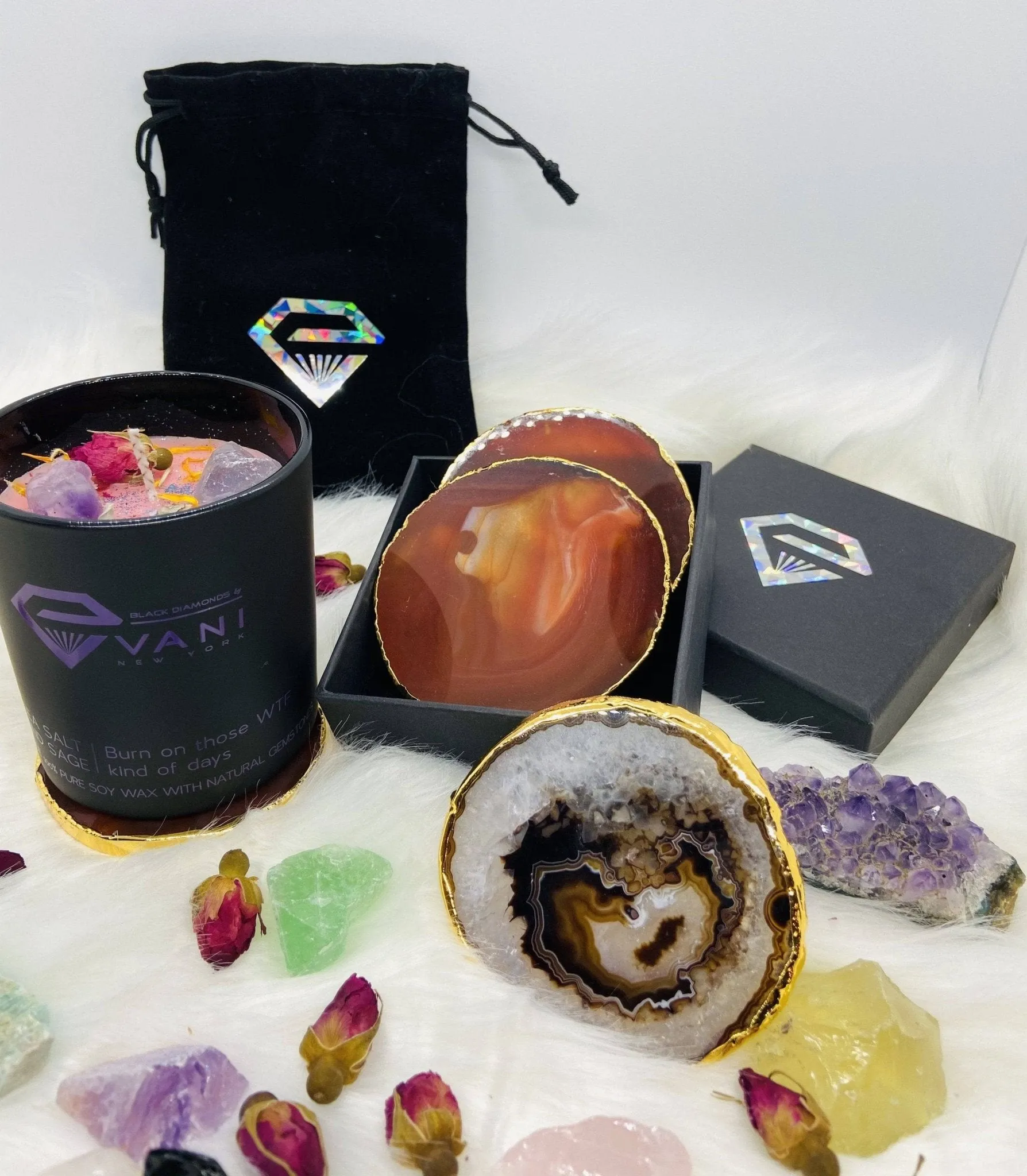 Natural Chalcedony Luxury Agate Round Coasters - Black Diamonds New York