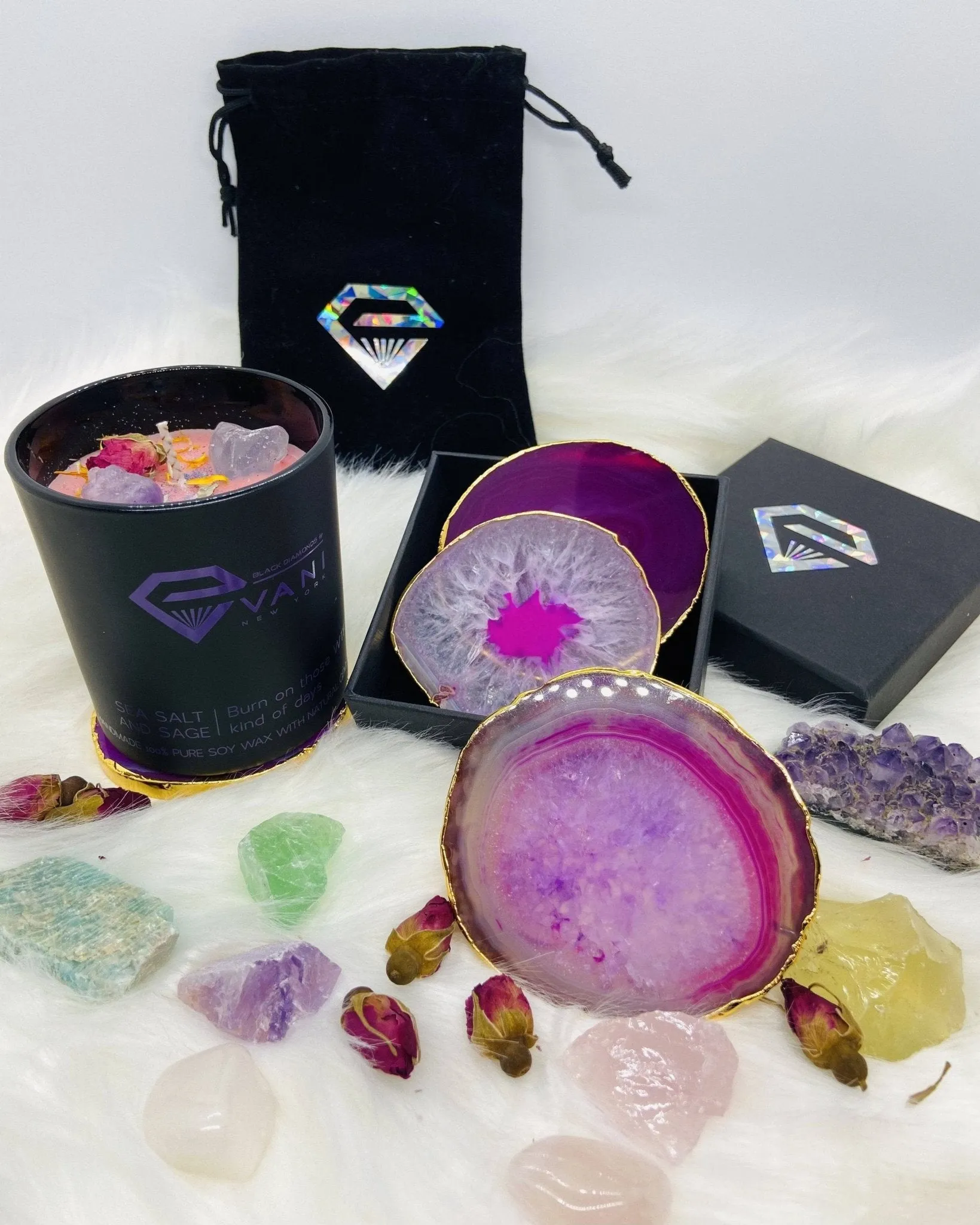 Natural Chalcedony Luxury Agate Round Coasters - Black Diamonds New York