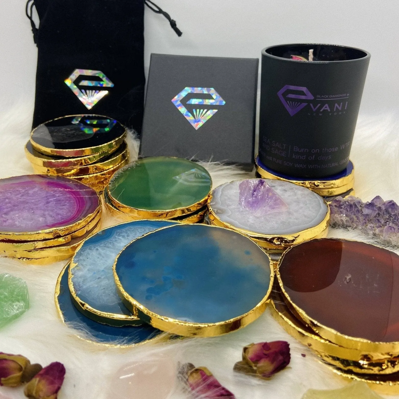 Natural Jasper Luxury Agate Round Coasters - Black Diamonds New York