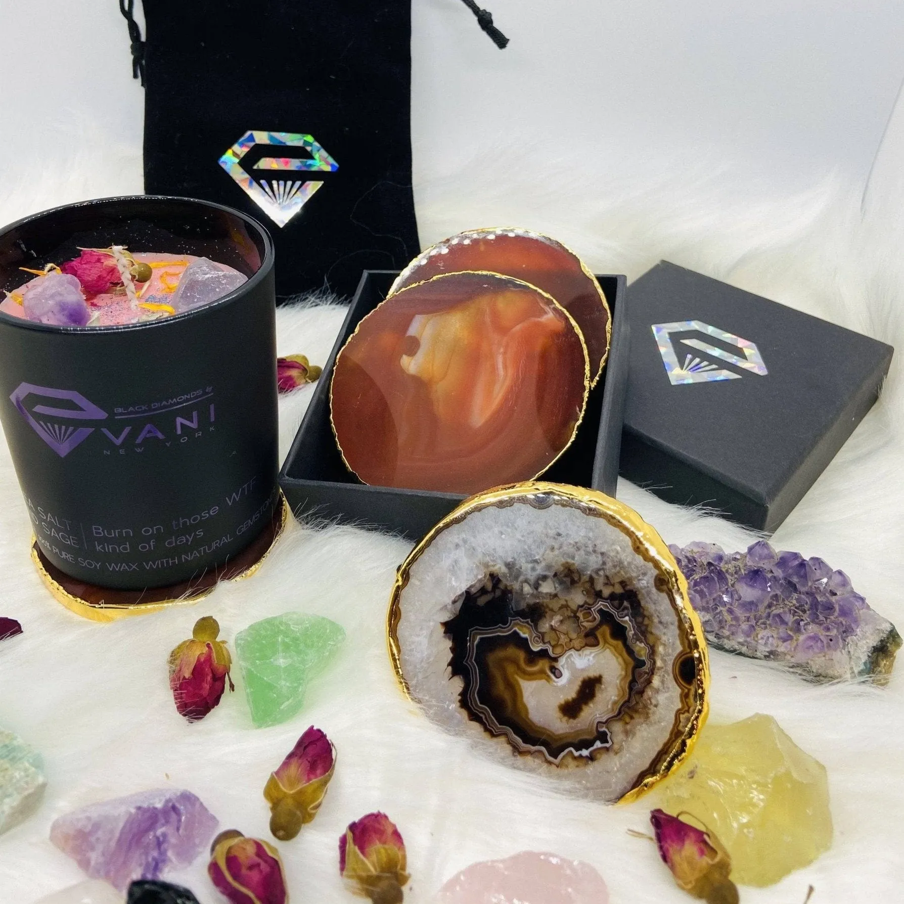 Natural Jasper Luxury Agate Round Coasters - Black Diamonds New York
