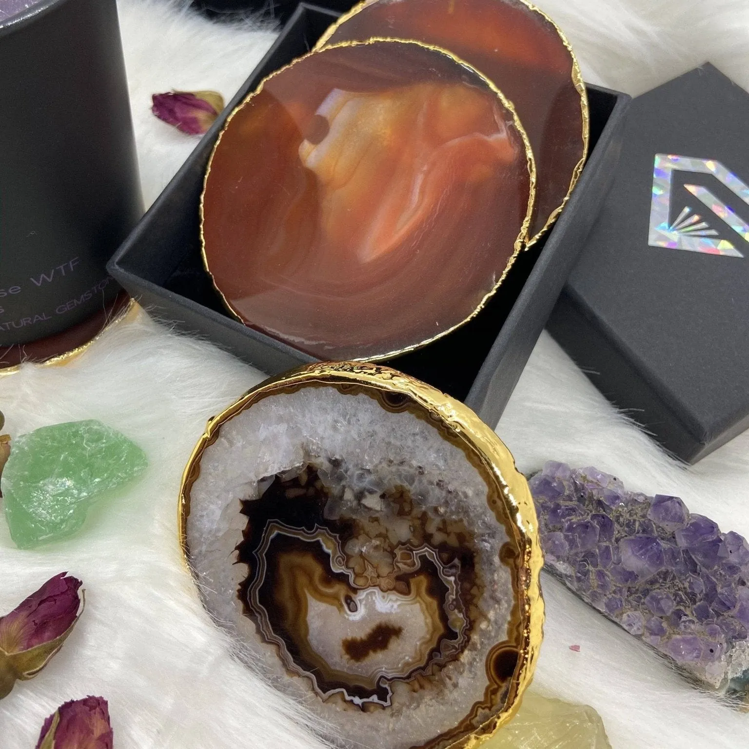 Natural Jasper Luxury Agate Round Coasters - Black Diamonds New York