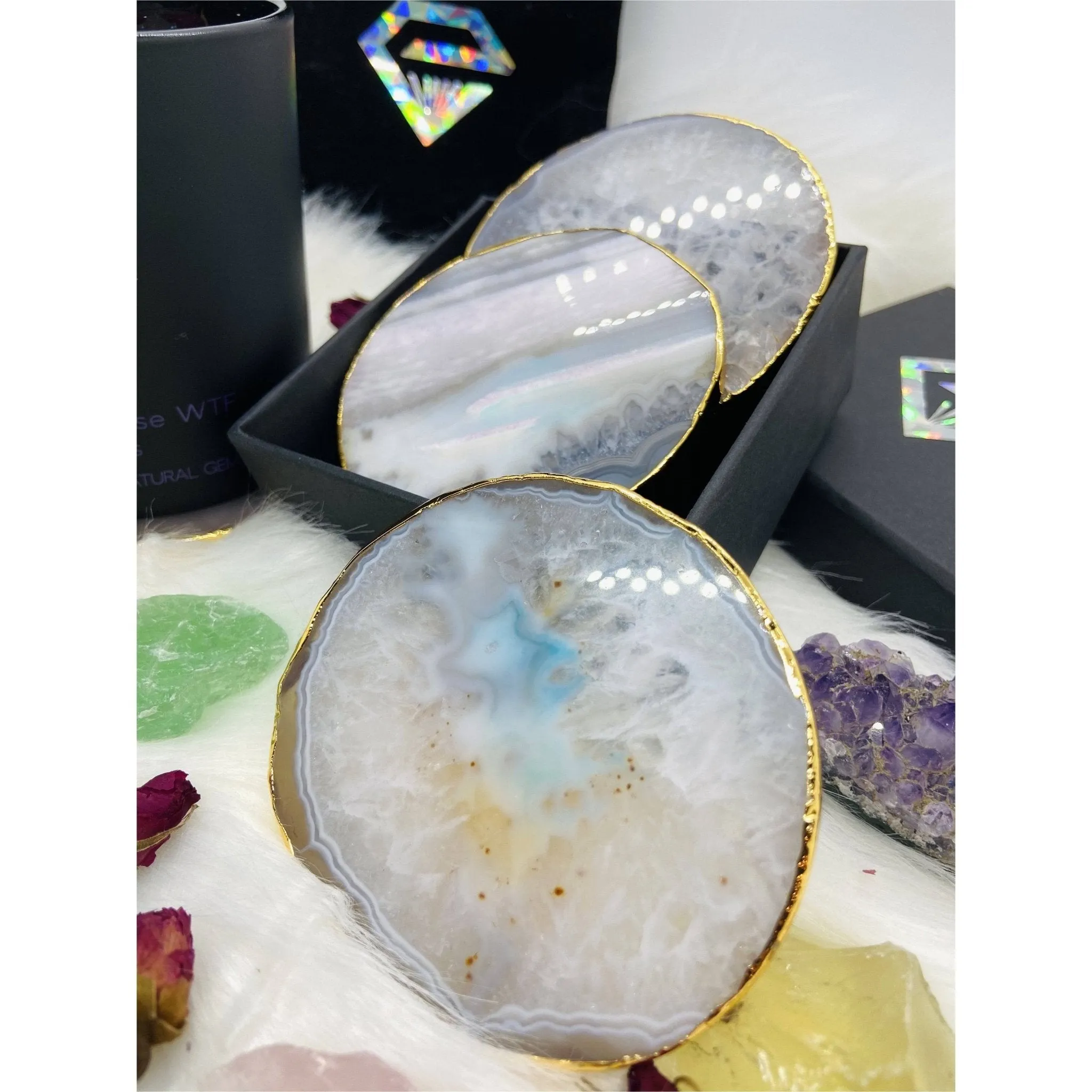 Natural Milky Quartz Luxury Agate Round Coasters - Black Diamonds New York