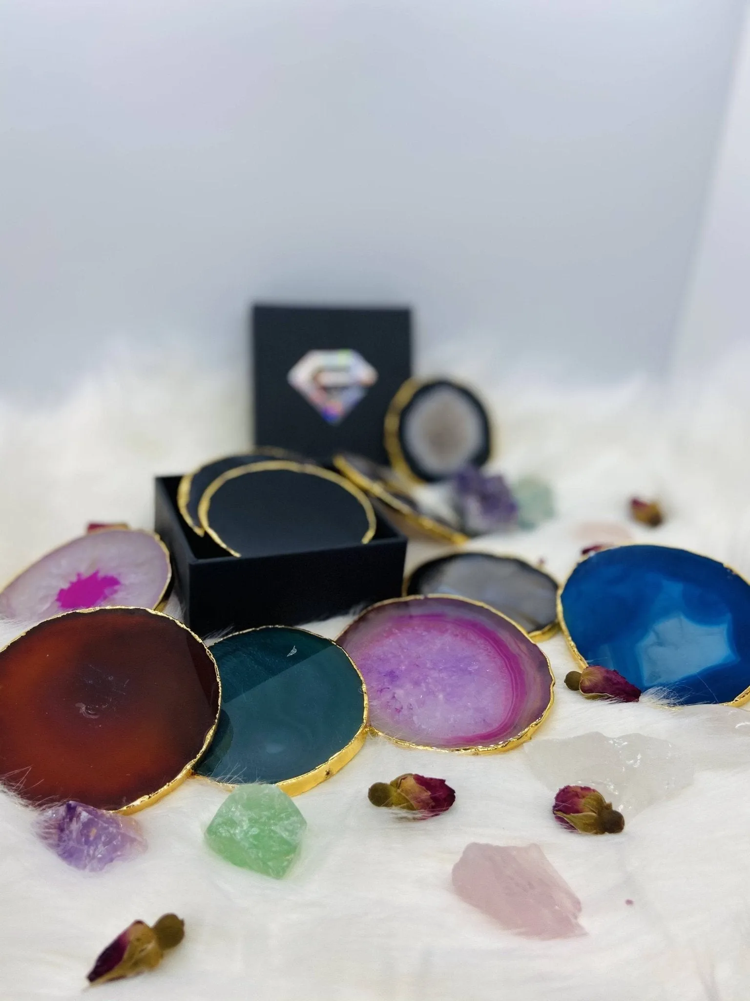 Natural Milky Quartz Luxury Agate Round Coasters - Black Diamonds New York