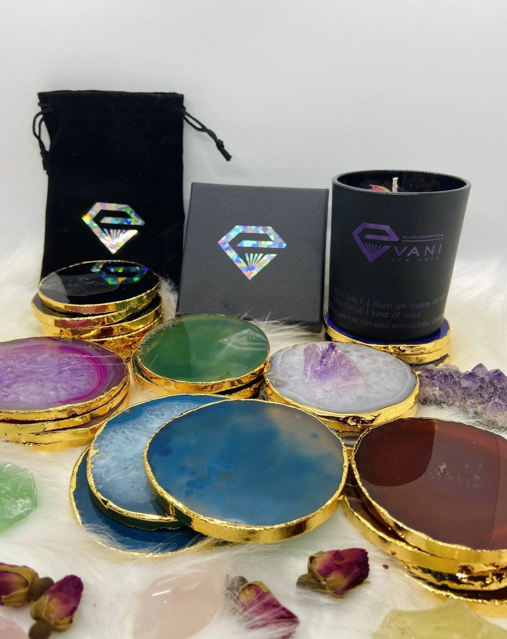 Natural Milky Quartz Luxury Agate Round Coasters - Black Diamonds New York
