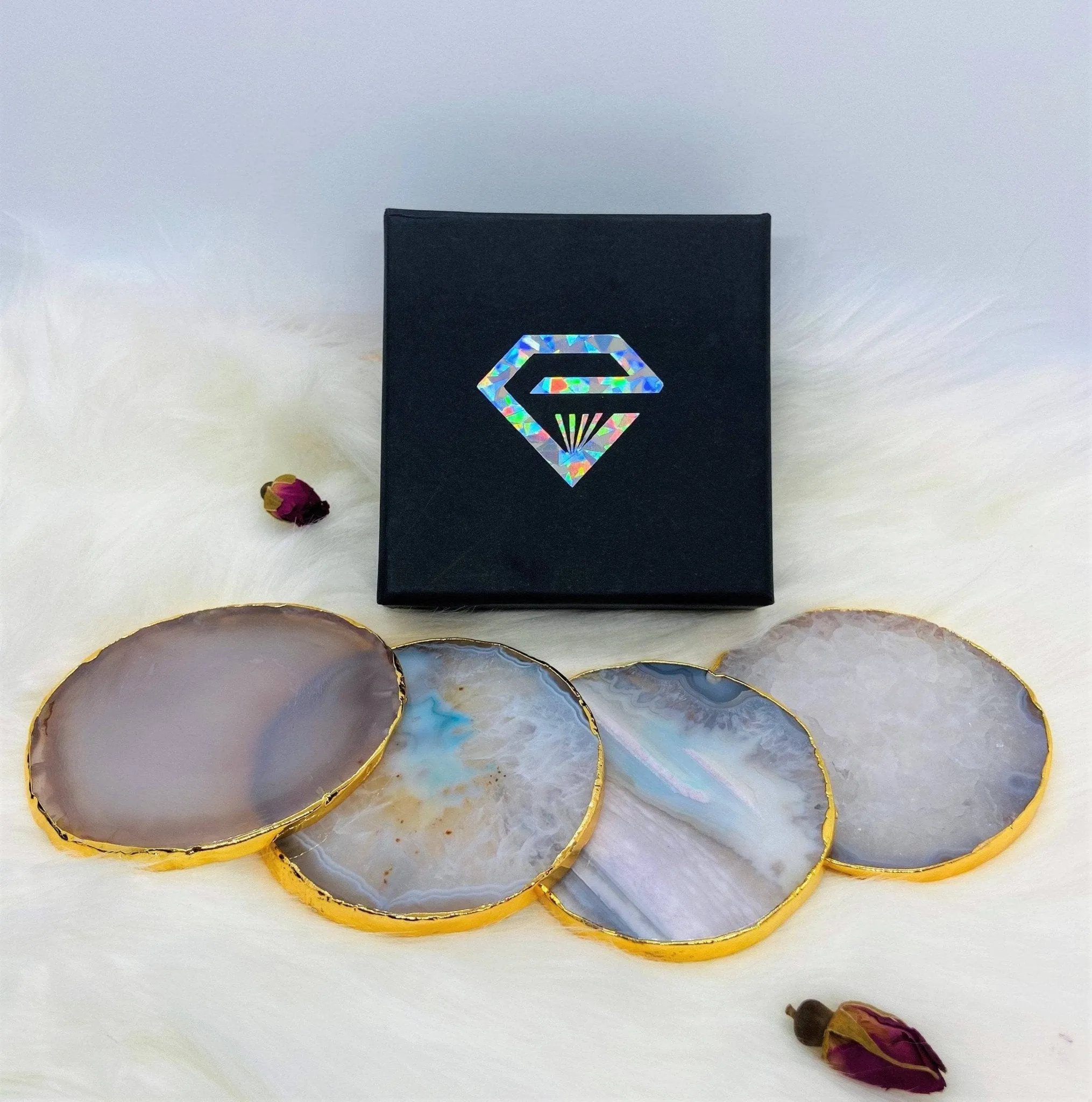Natural Milky Quartz Luxury Agate Round Coasters - Black Diamonds New York