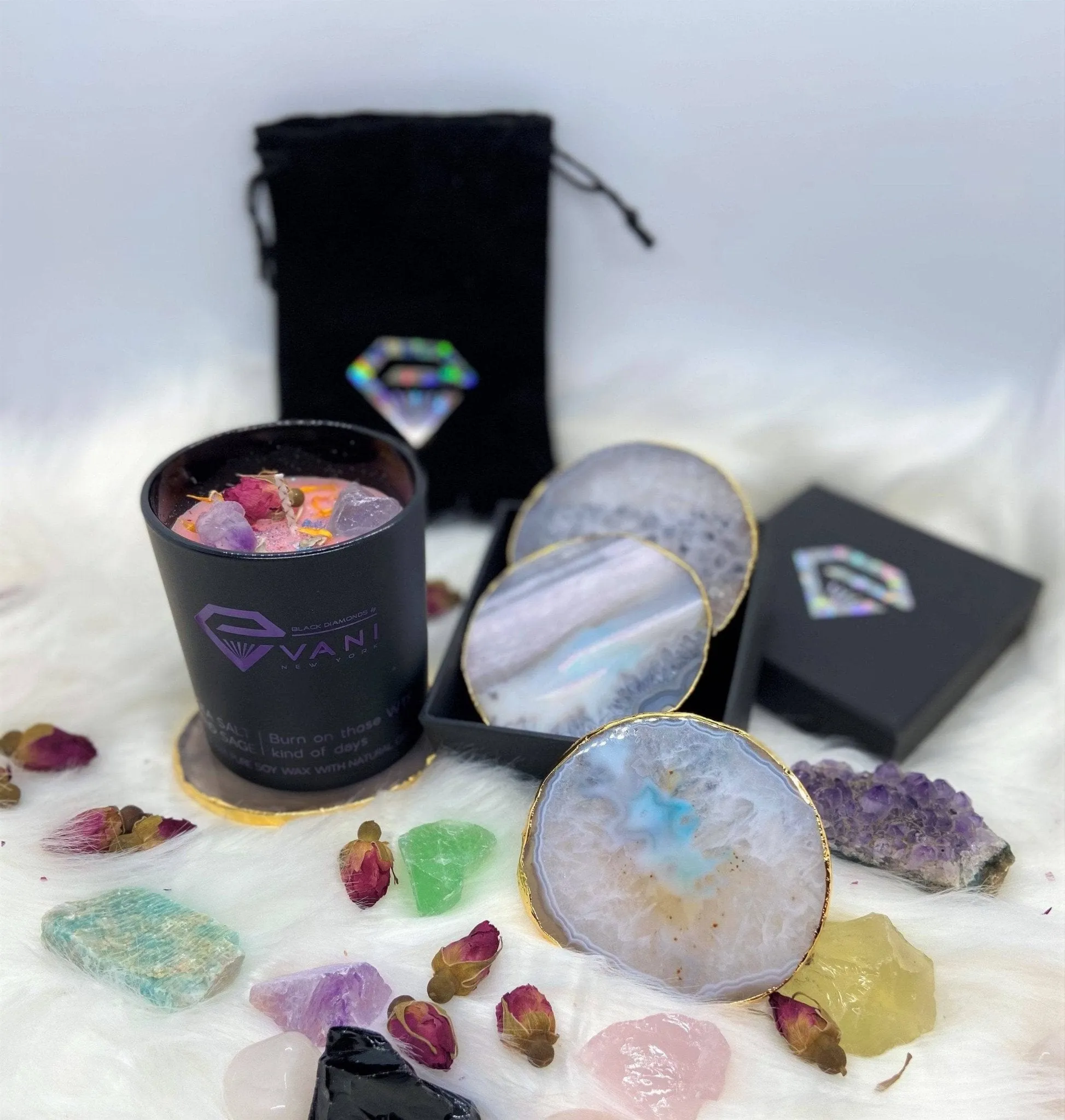 Natural Milky Quartz Luxury Agate Round Coasters - Black Diamonds New York