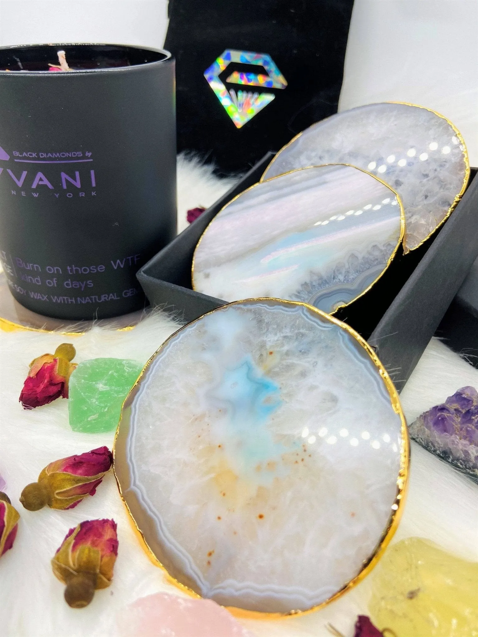 Natural Milky Quartz Luxury Agate Round Coasters - Black Diamonds New York