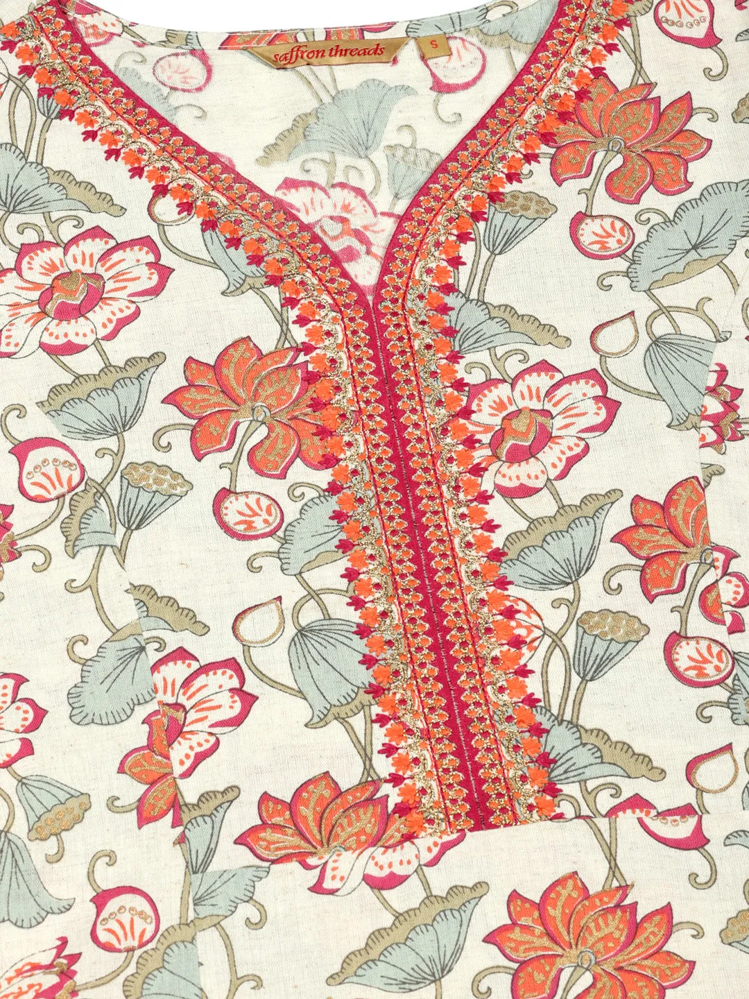 Natural-Orange Floral Print Kurta with Neck Embroidery