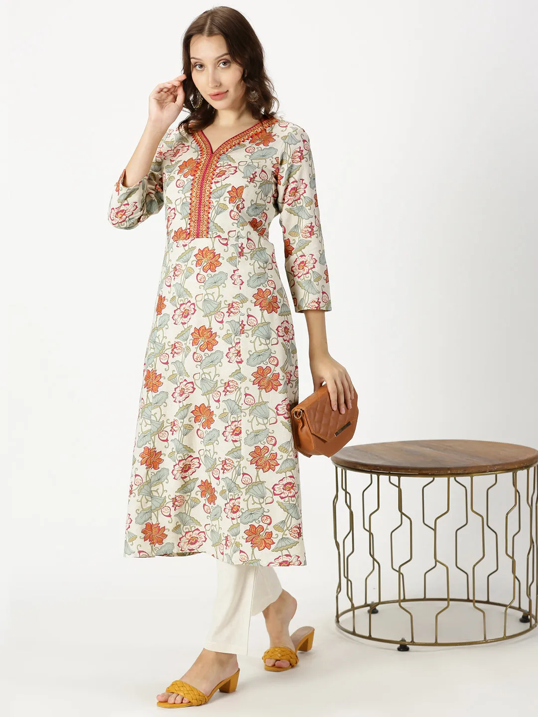 Natural-Orange Floral Print Kurta with Neck Embroidery
