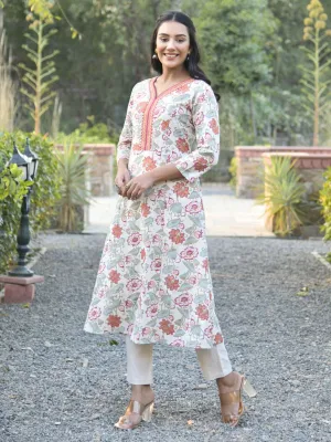 Natural-Orange Floral Print Kurta with Neck Embroidery