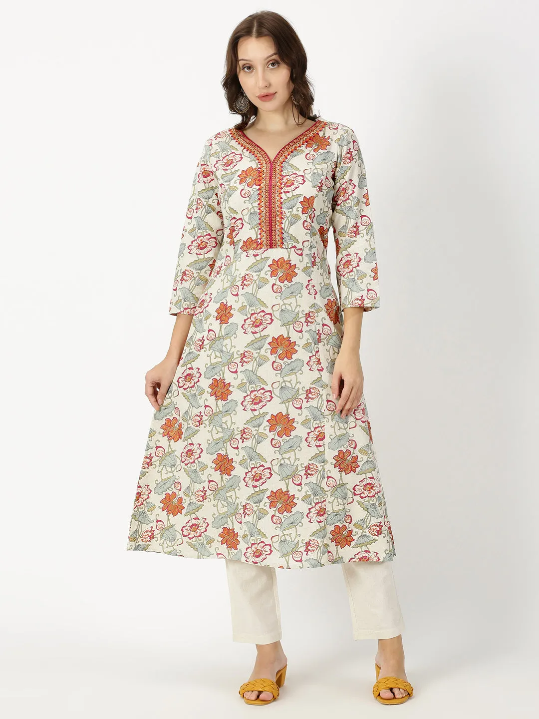 Natural-Orange Floral Print Kurta with Neck Embroidery