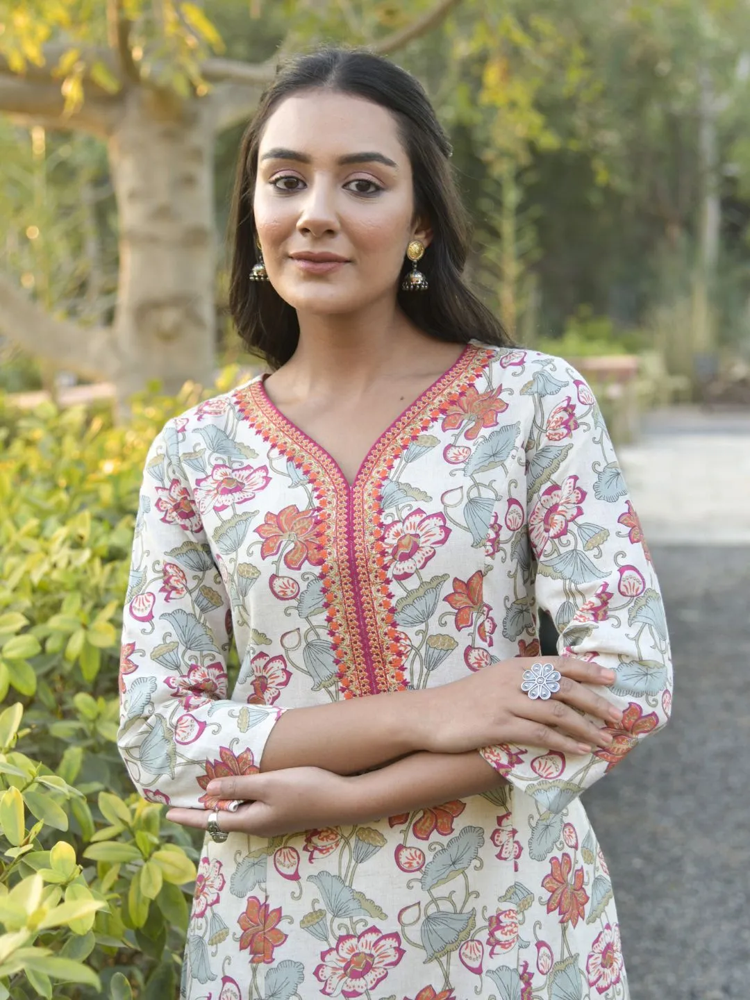 Natural-Orange Floral Print Kurta with Neck Embroidery